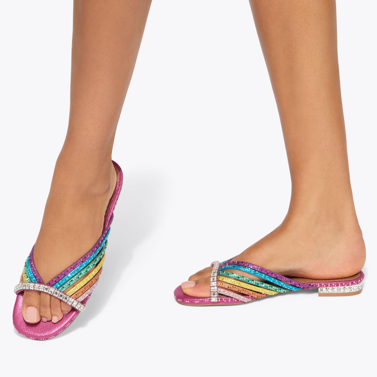 Crystal Strap Flat Mule — Multicolour Crystal Mule, worn on foot