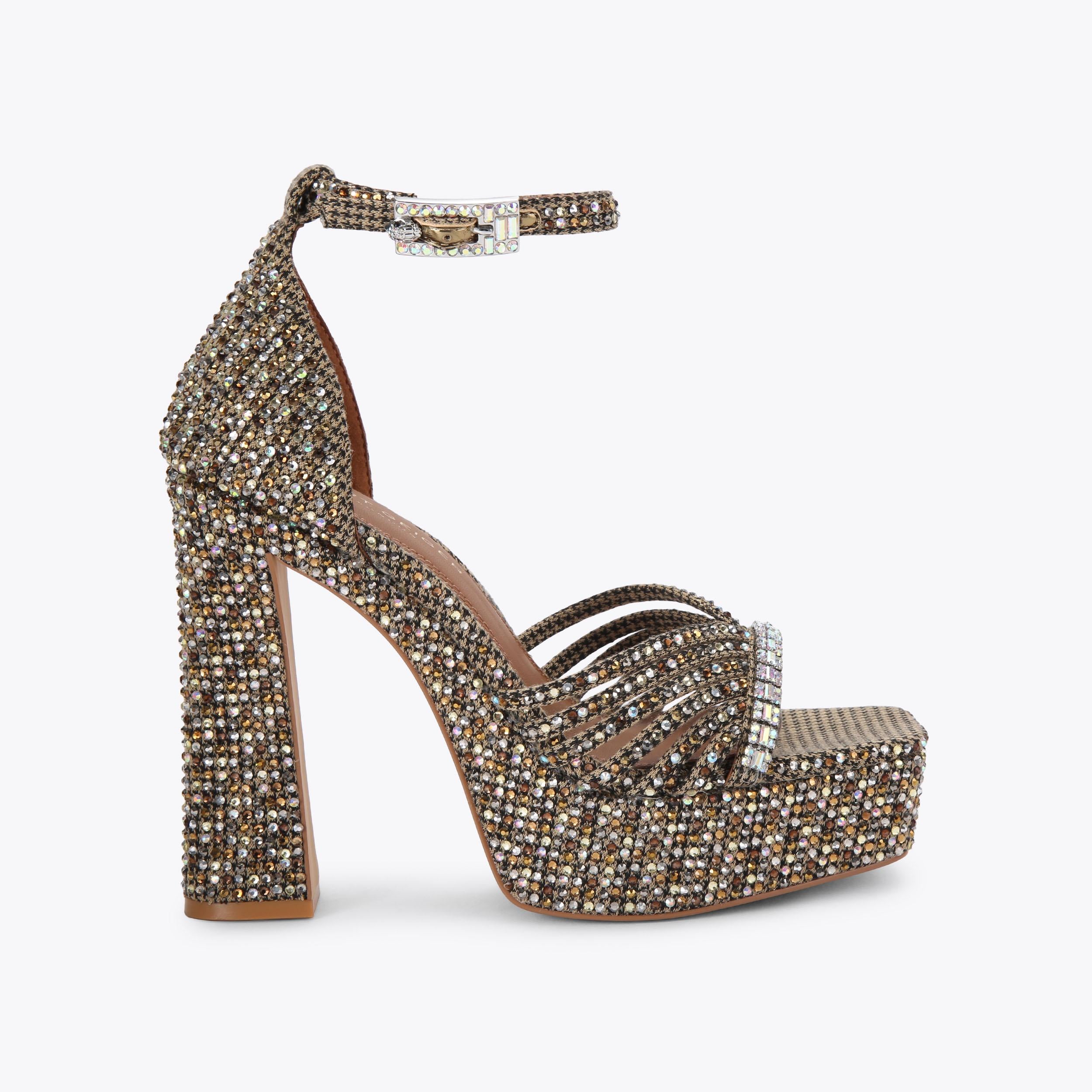 Crystal Strap Platform Heel — Beige Crystal Sandal, side profile