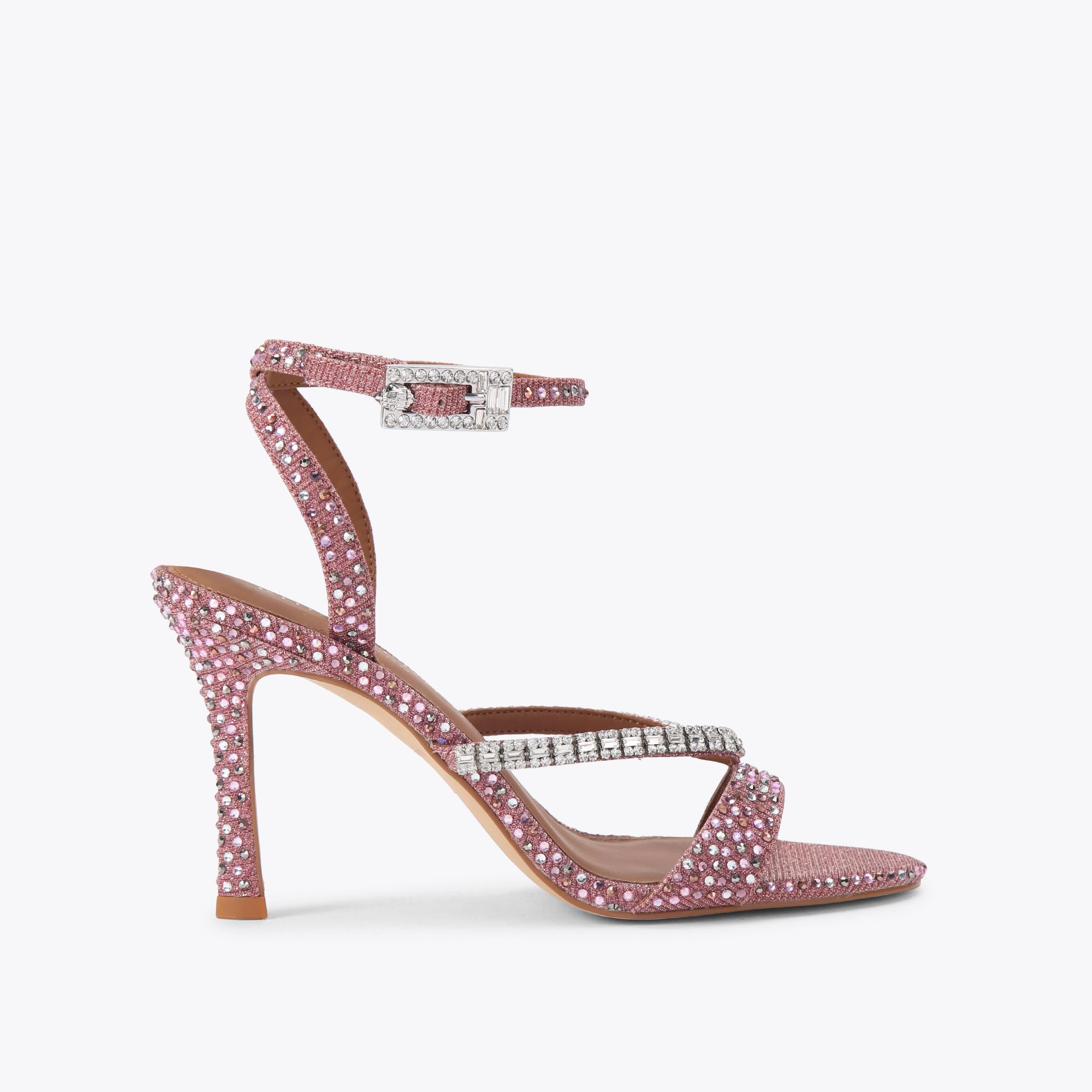 Crystal Strap Heel — Metallic Pink Crystal Sandal, side profile