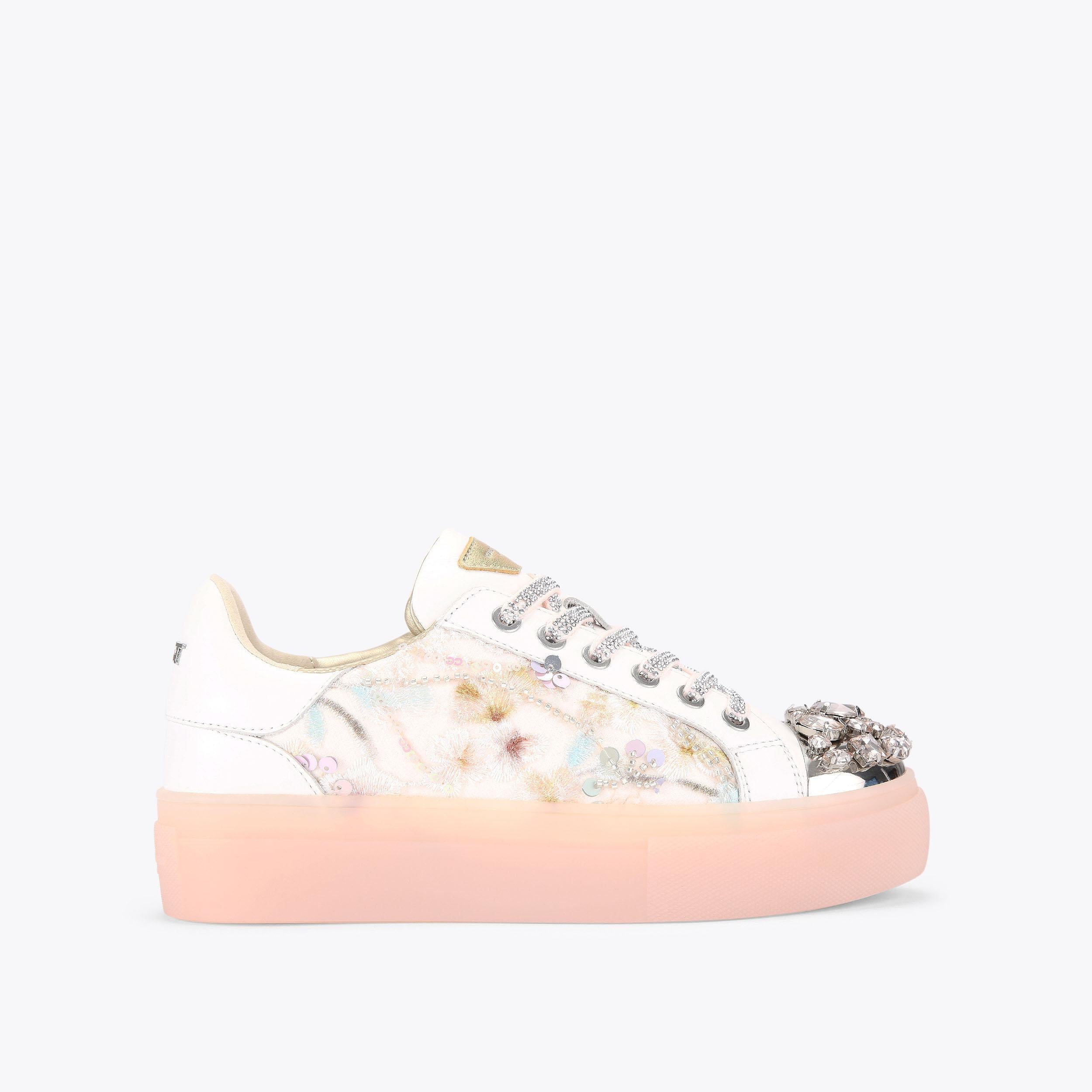 Crystal Toecap Cupsole — White Embroidered Sneaker, side profile