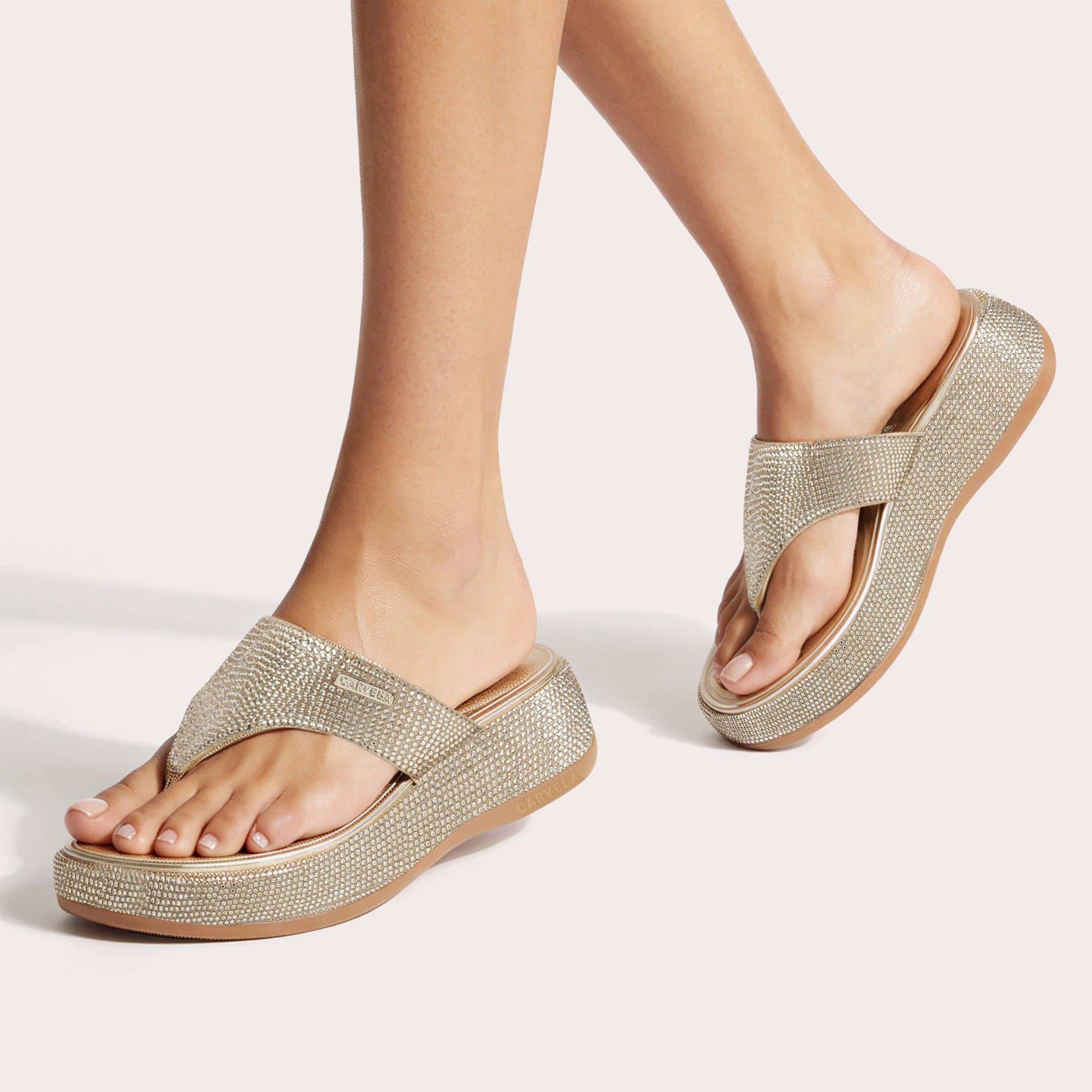 Dorata Sandal — Gold Crystal Toe Post Sandal, worn on foot
