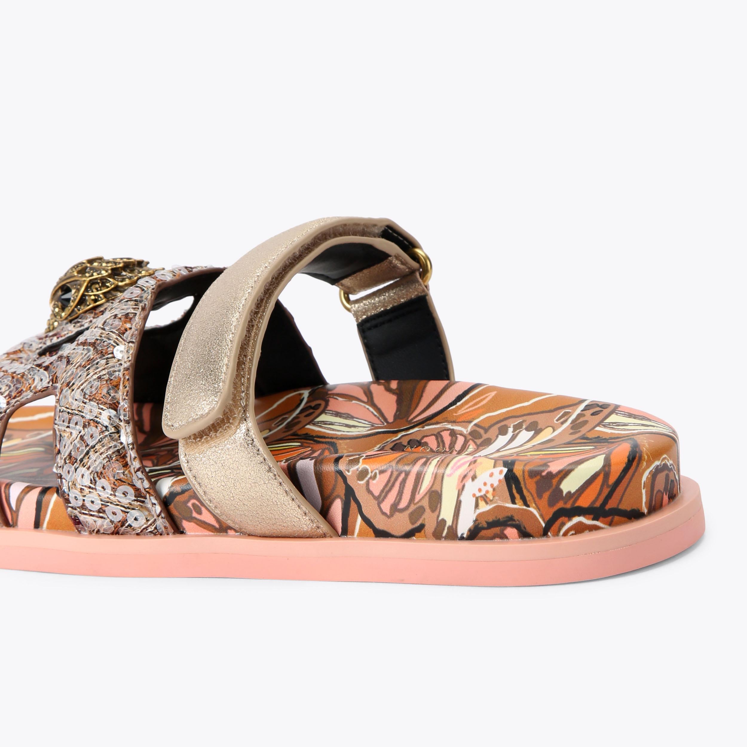 Eagle Cut Out Sandal — Brown Butterfly Print Sequin Sandal, detail
