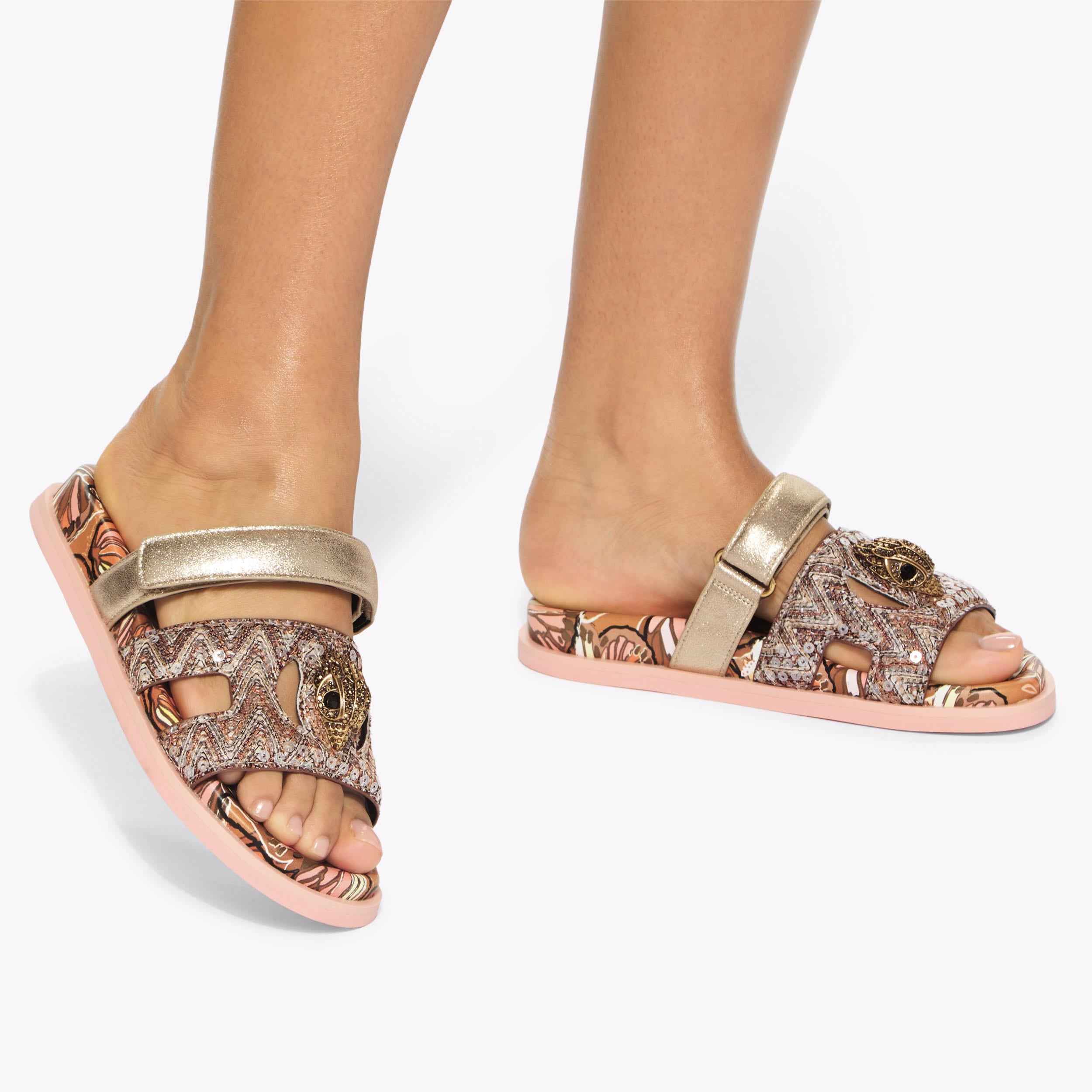 Eagle Cut Out Sandal — Brown Butterfly Print Sequin Sandal, worn on foot