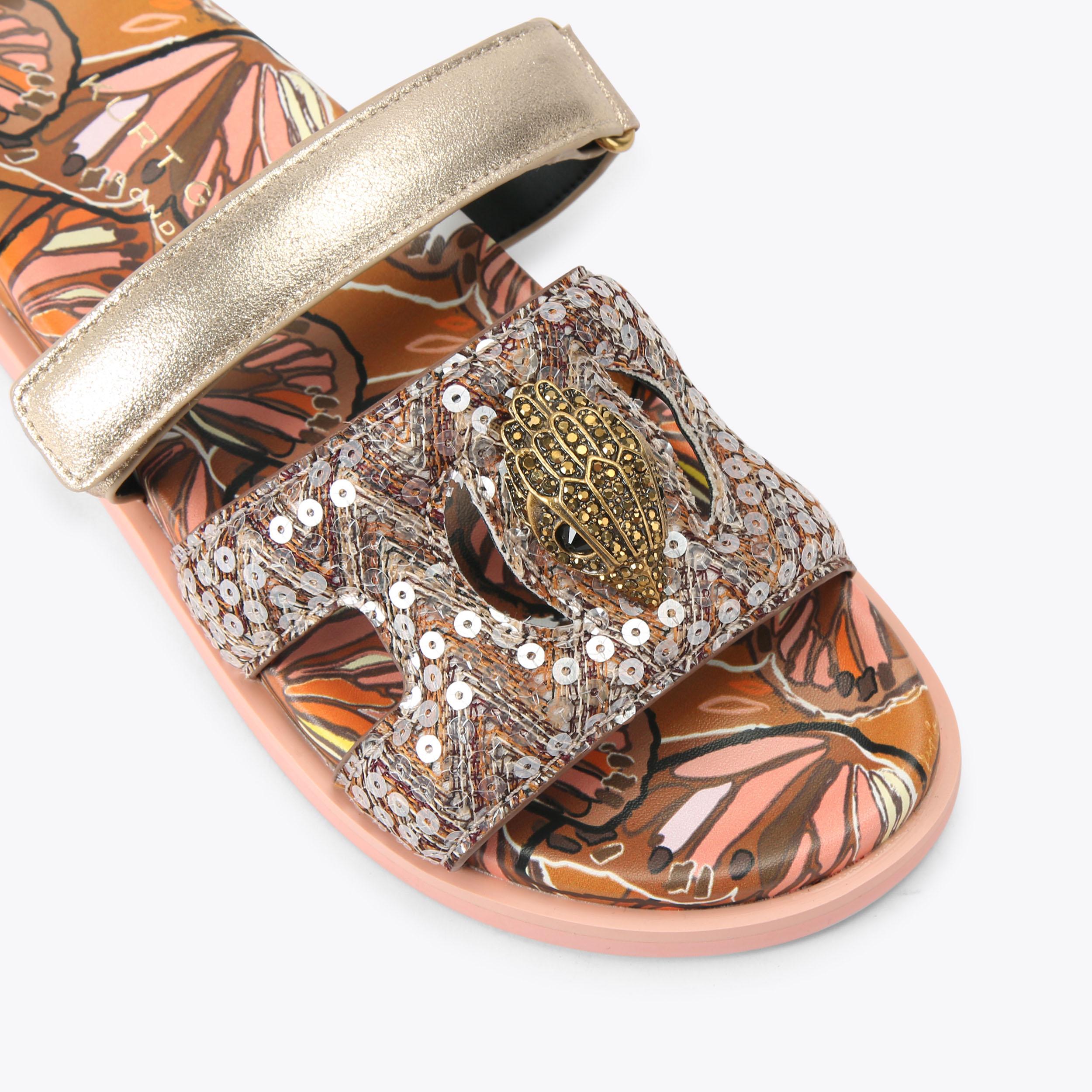 Eagle Cut Out Sandal — Brown Butterfly Print Sequin Sandal, view 5