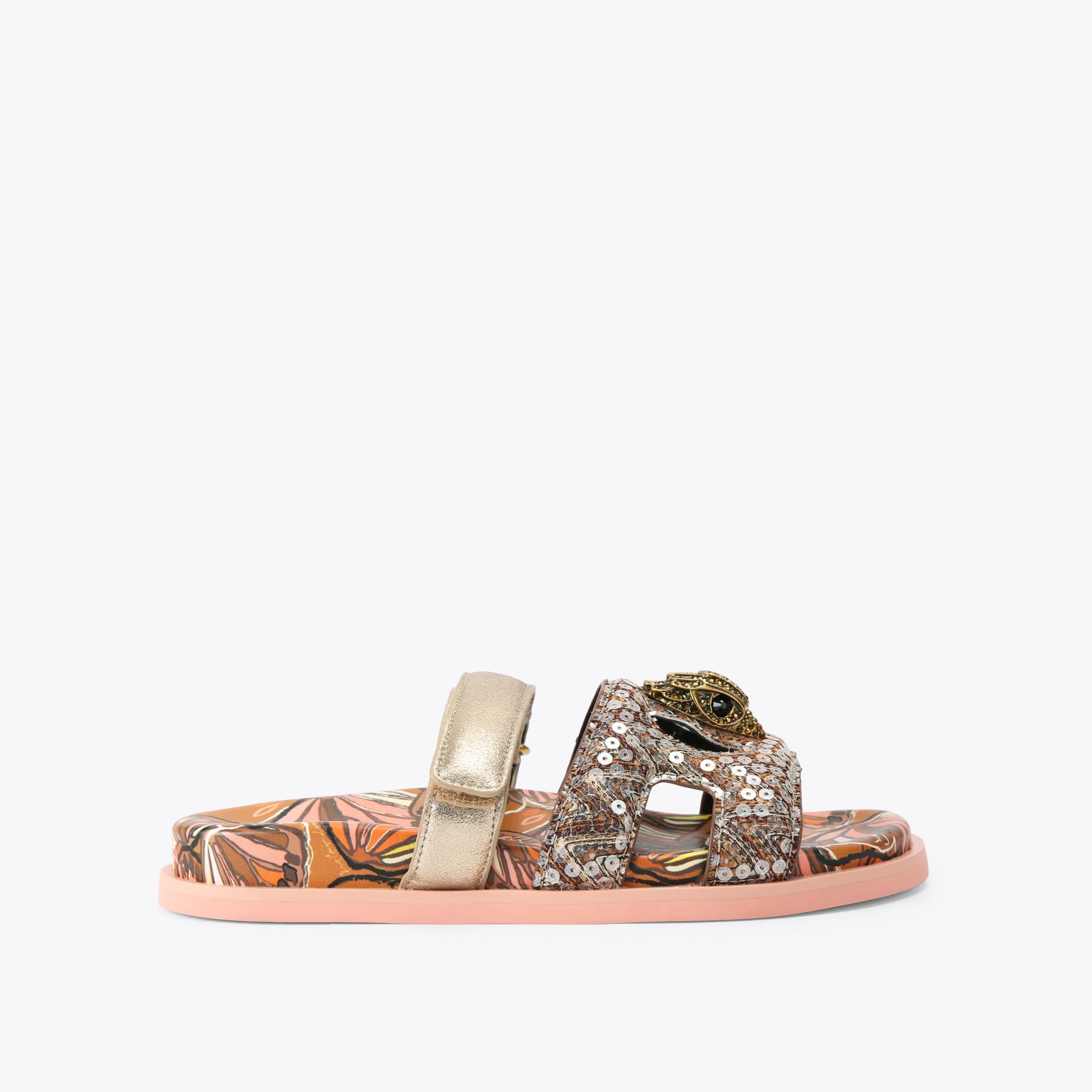 Eagle Cut Out Sandal — Brown Butterfly Print Sequin Sandal, side profile