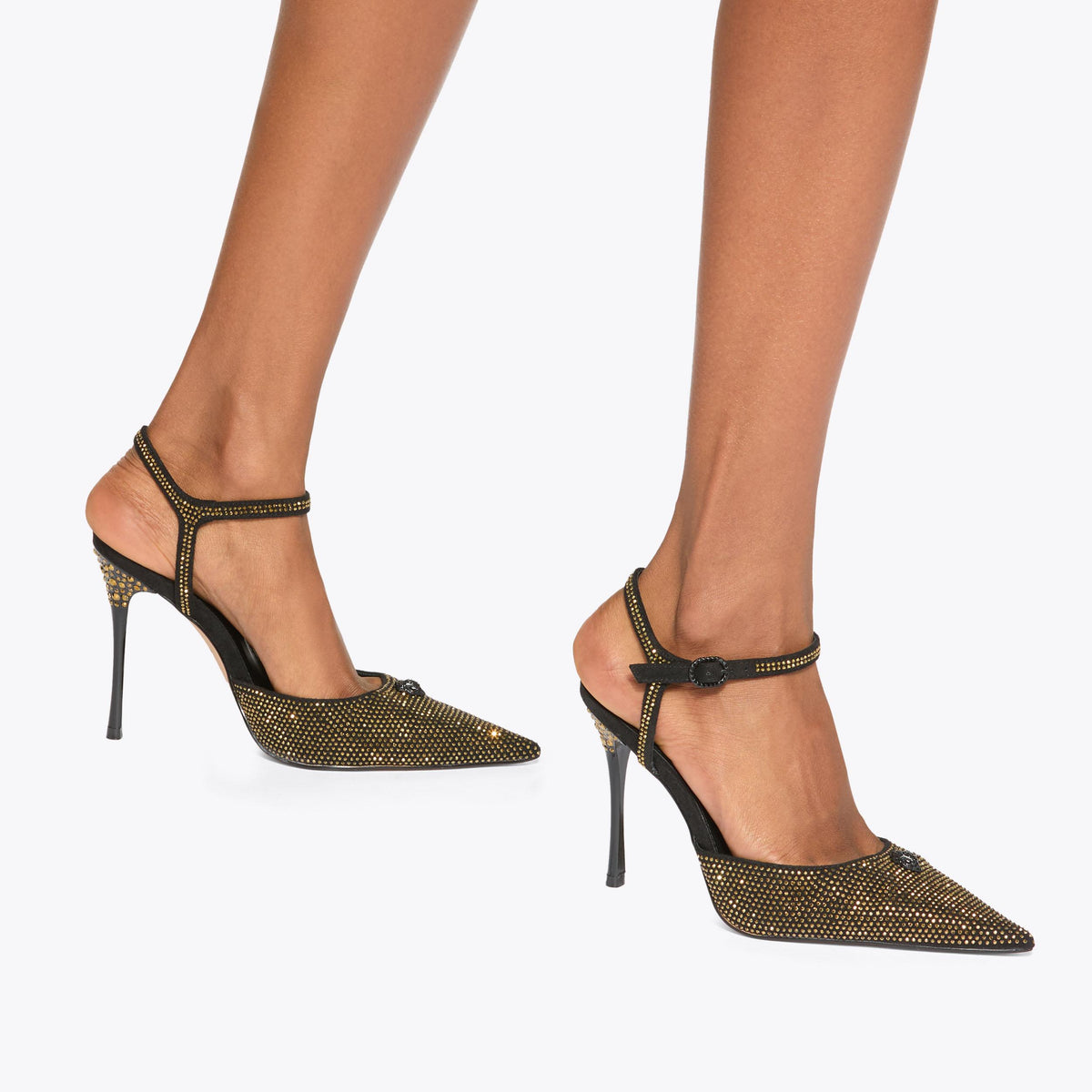 Eagle Point — Black Microsuede Crystal Heel, worn on foot