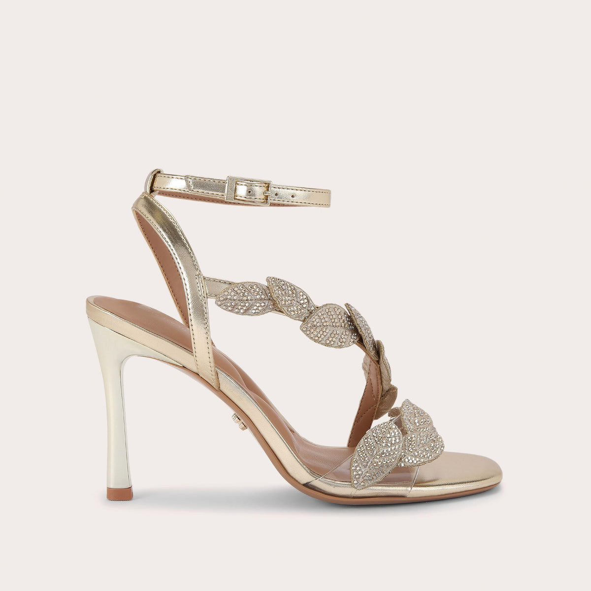 Eleganza — Gold Crystal Leaf Heeled Sandal, side profile