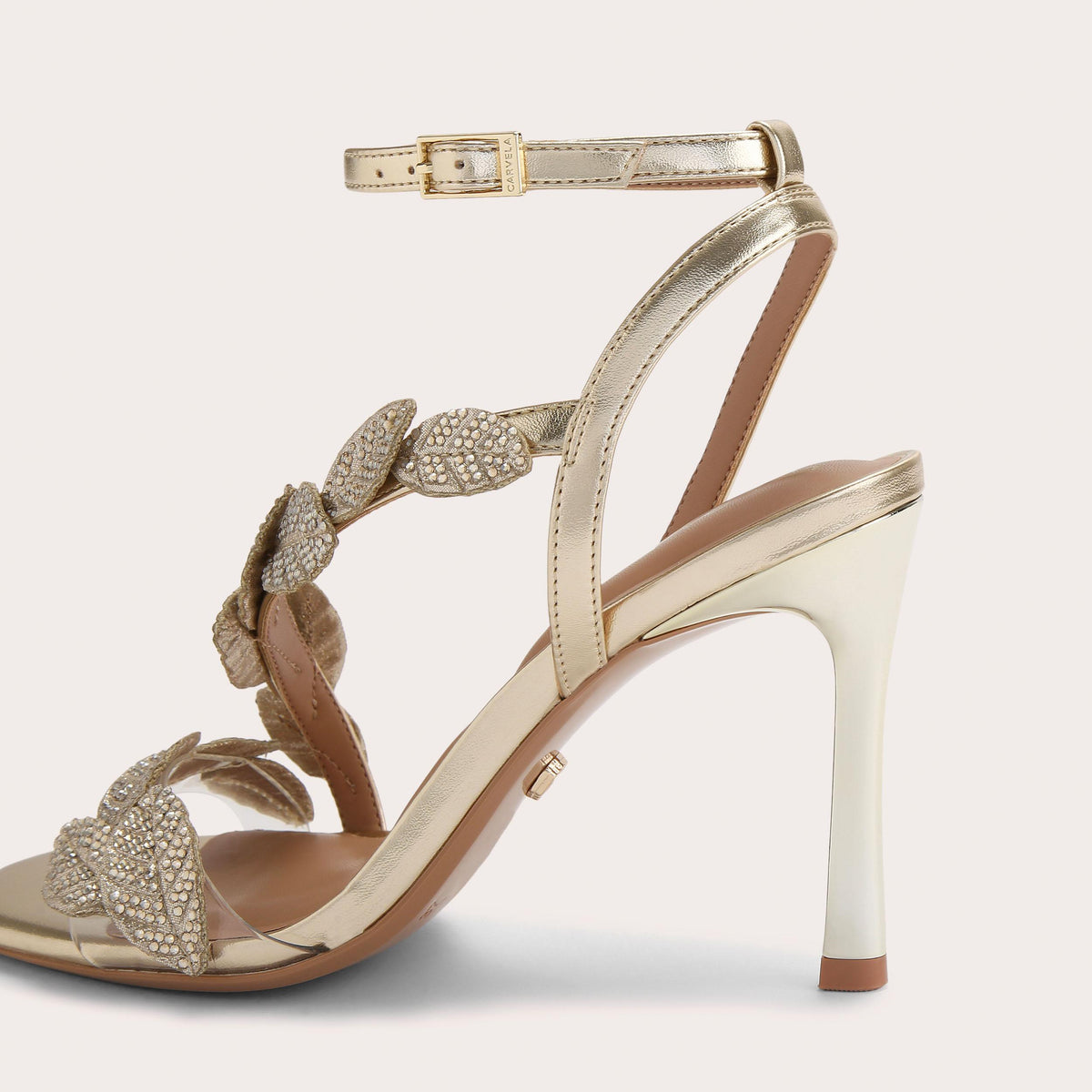 Eleganza — Gold Crystal Leaf Heeled Sandal, detail