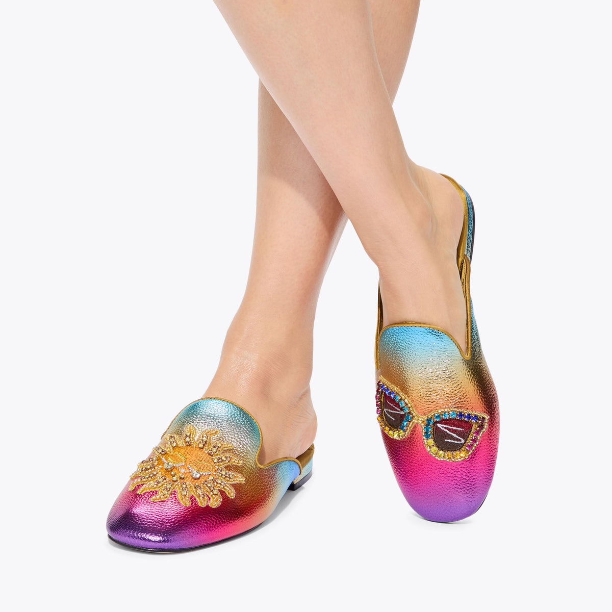 Embroidered Slip Flat — Ombre Metallic Leather Flat, worn on foot