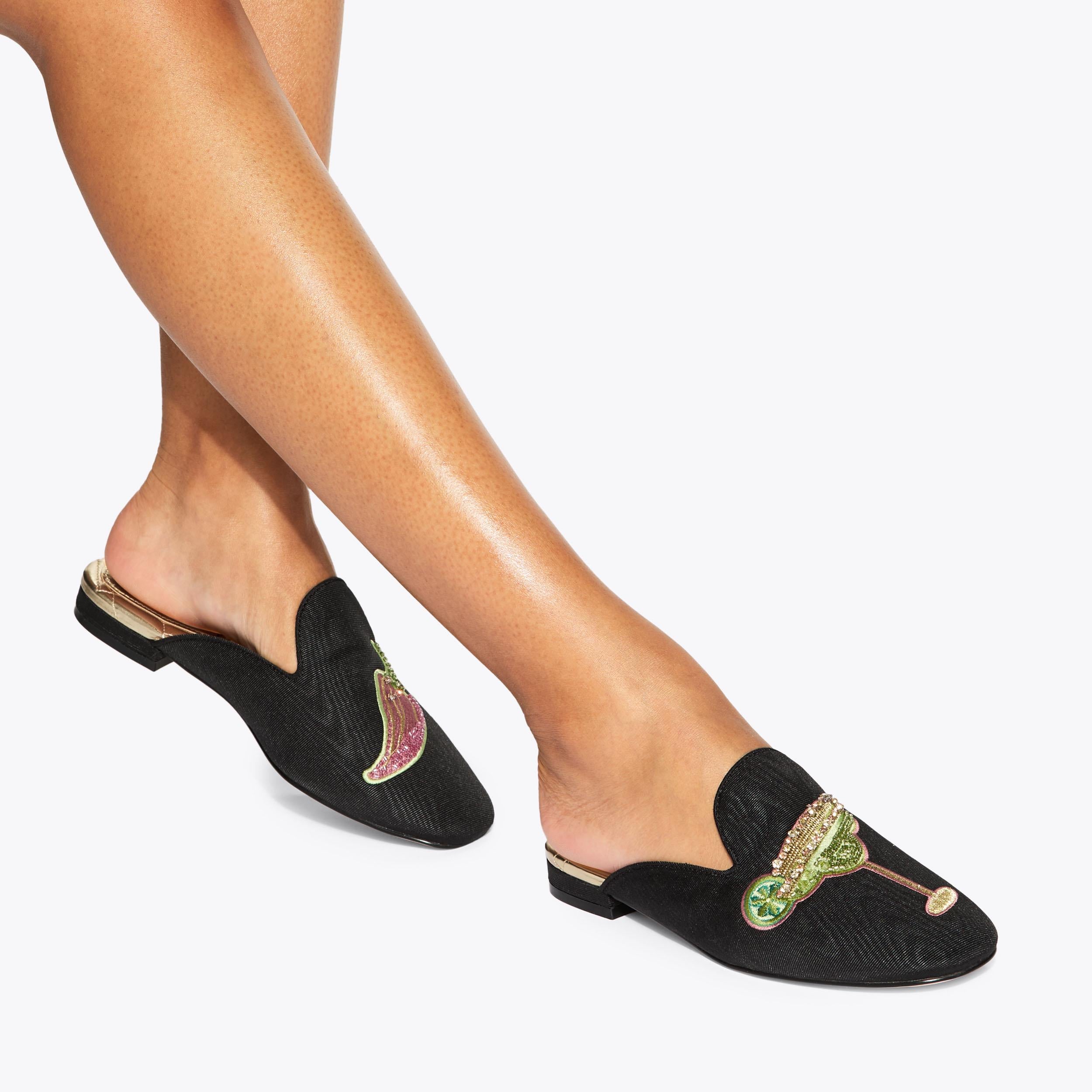 Embroidered Slipper — Black Fabric Slipper, worn on foot