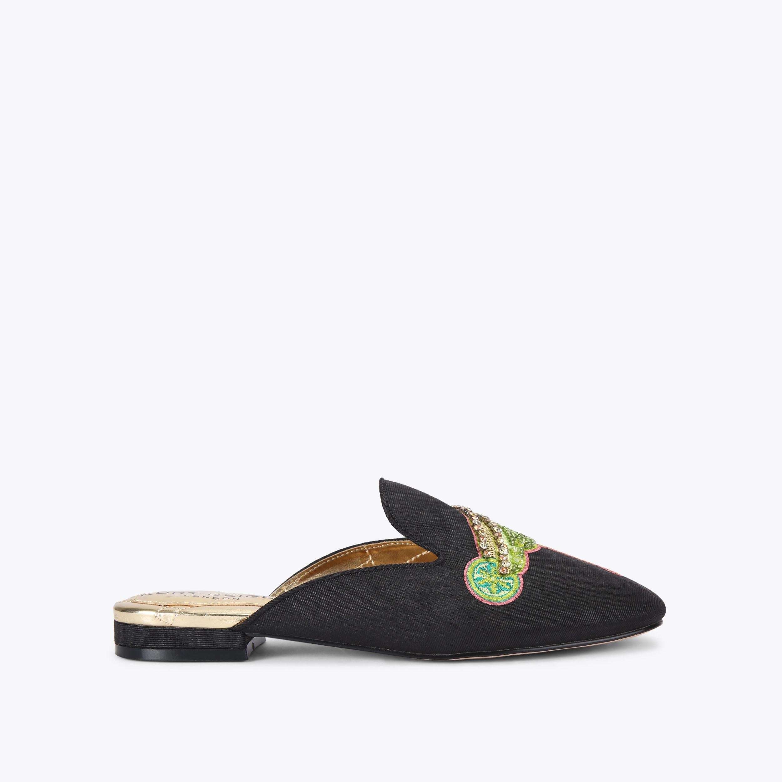 Embroidered Slipper — Black Fabric Slipper, side profile