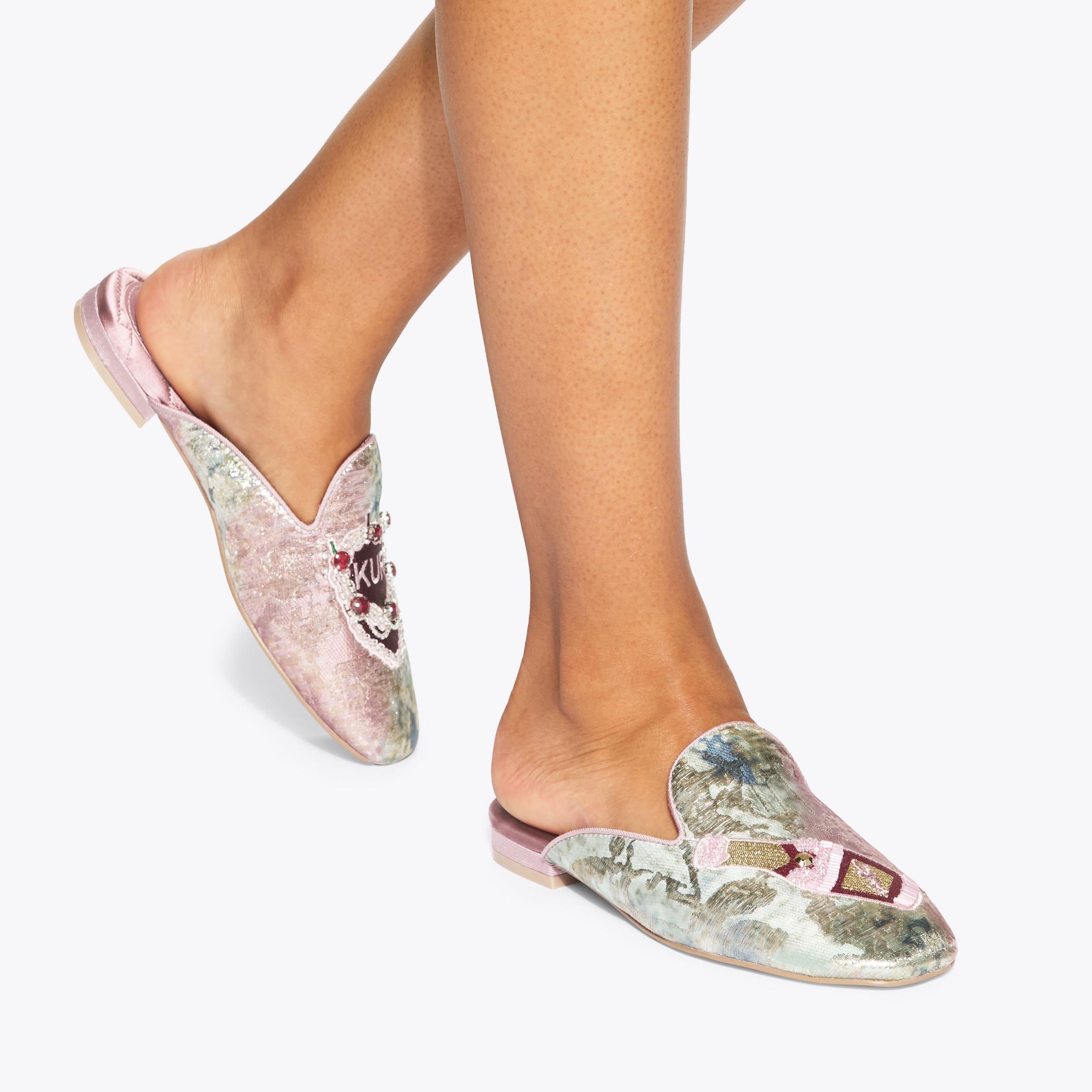 Embroidered Slipper — Iridescent Fabric Flat, worn on foot
