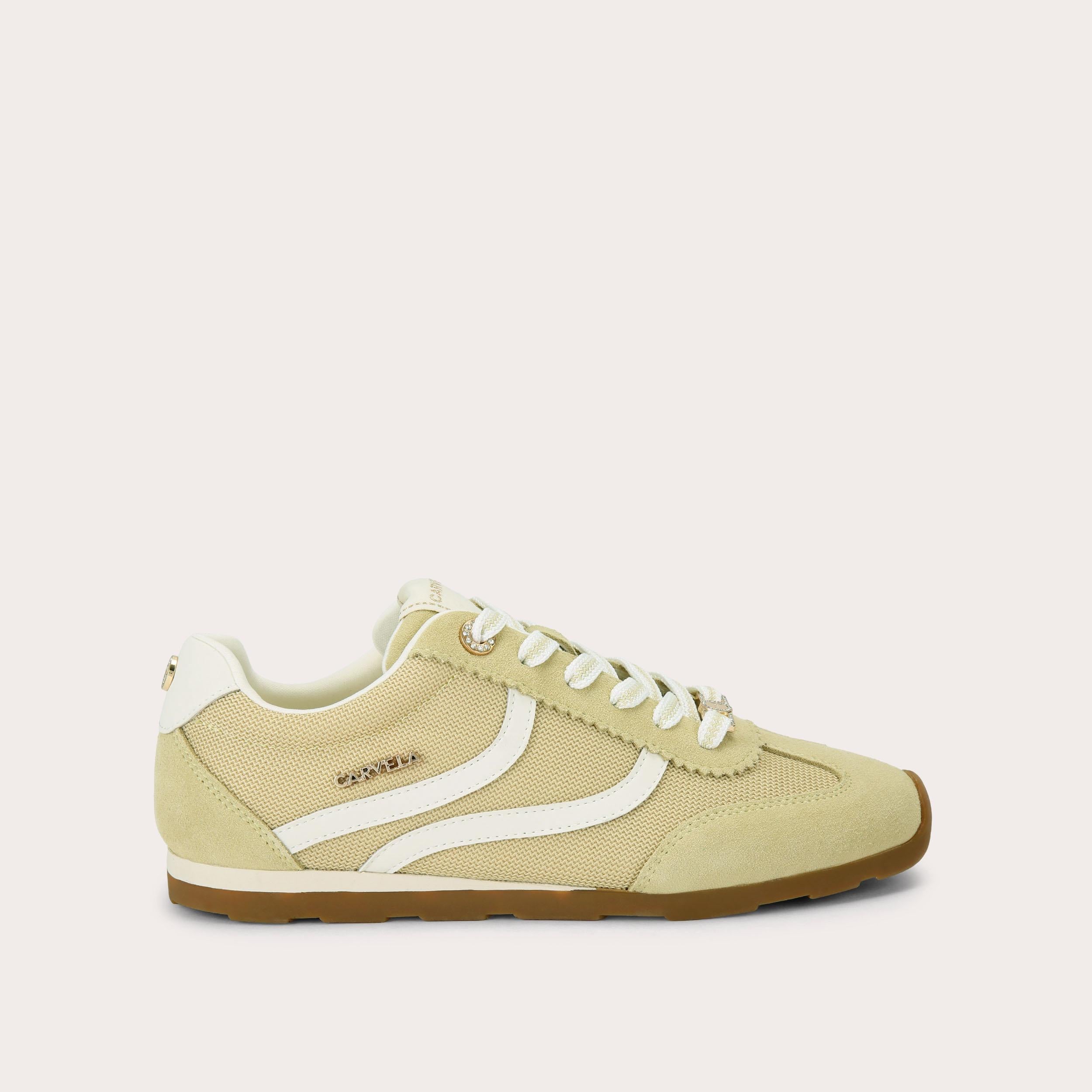 Florence Trainer — Mustard Fabric-Suede Sneaker, side profile