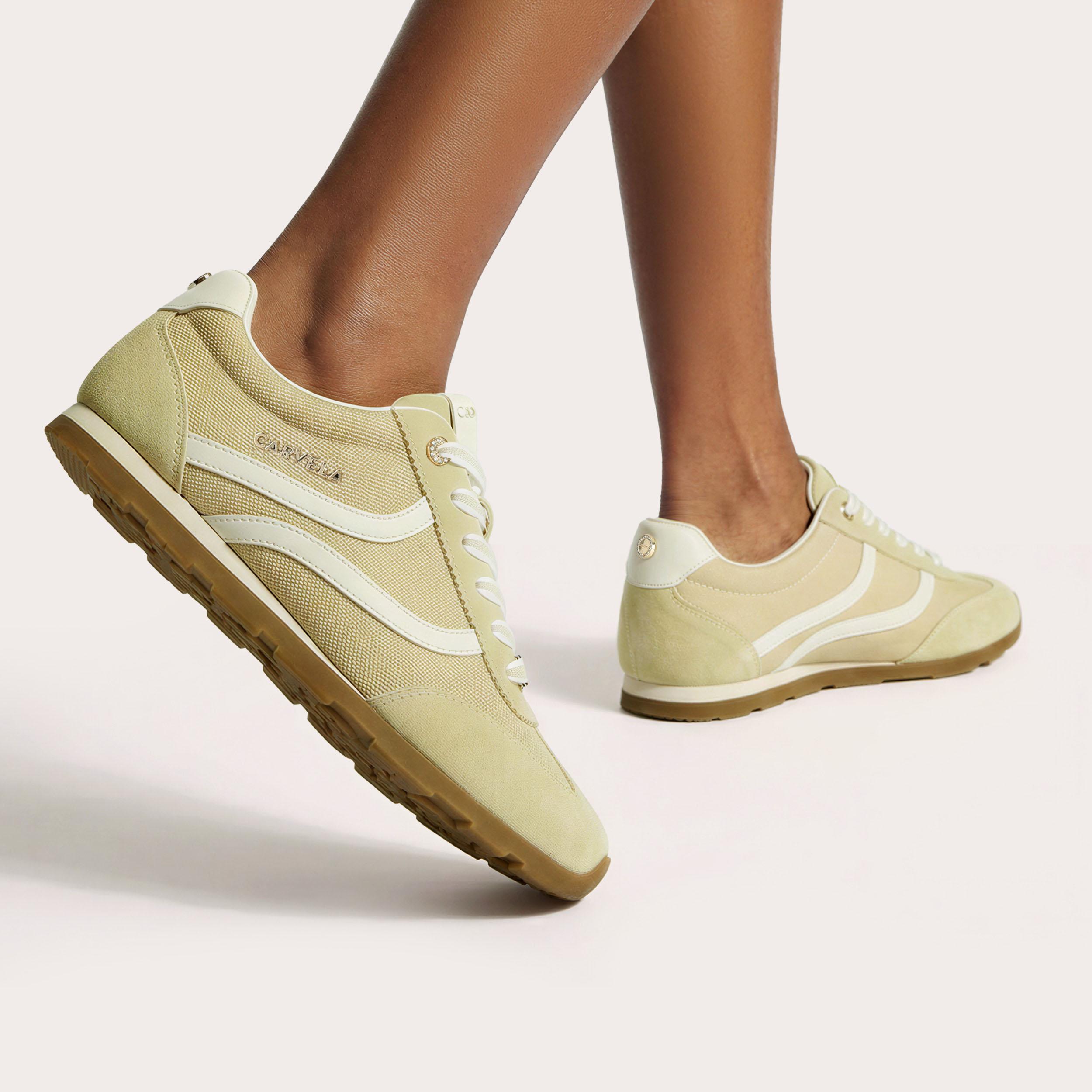 Florence Trainer — Mustard Fabric-Suede Sneaker, worn on foot