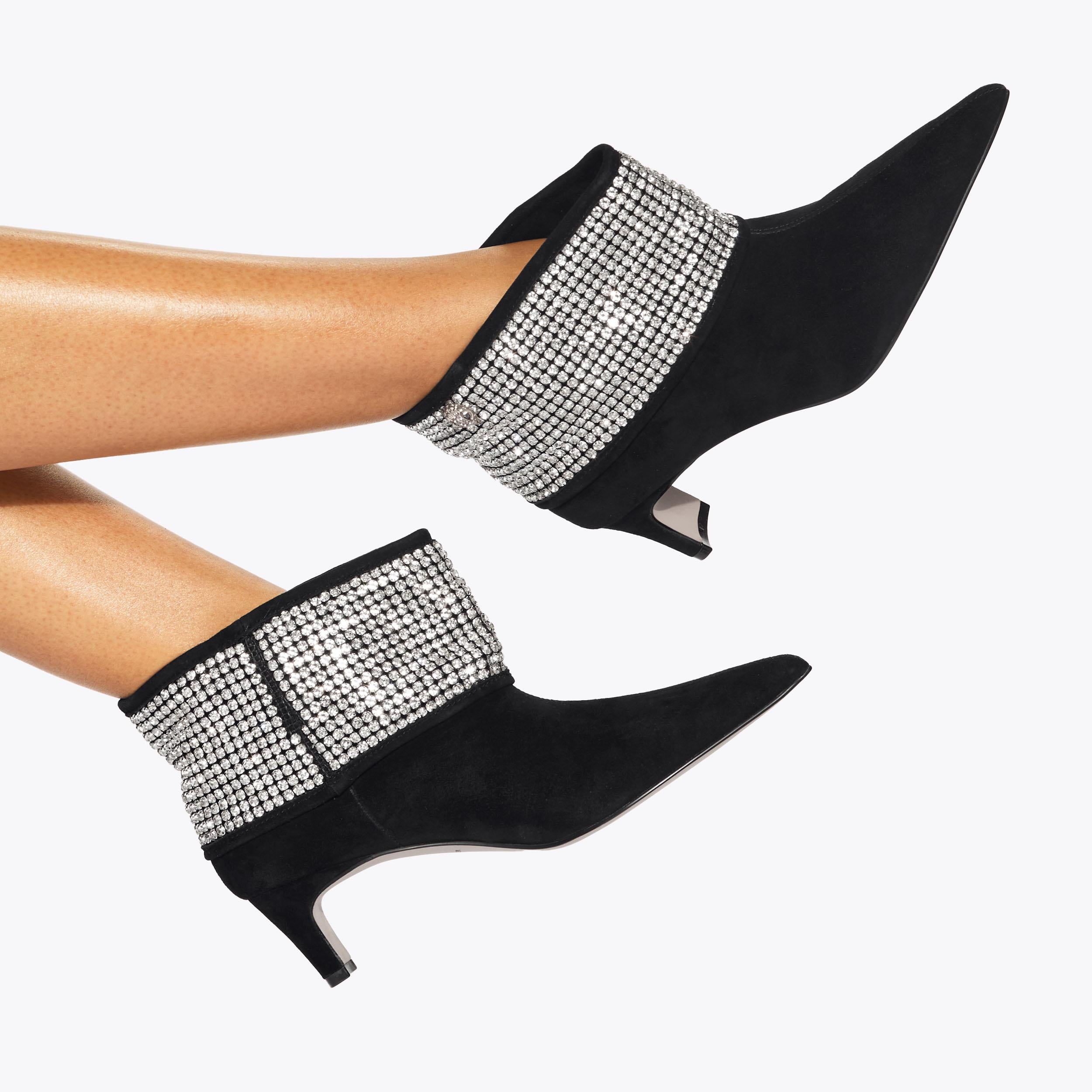 Fold Over Bootie — Black Crystal Suede Boot, worn on foot