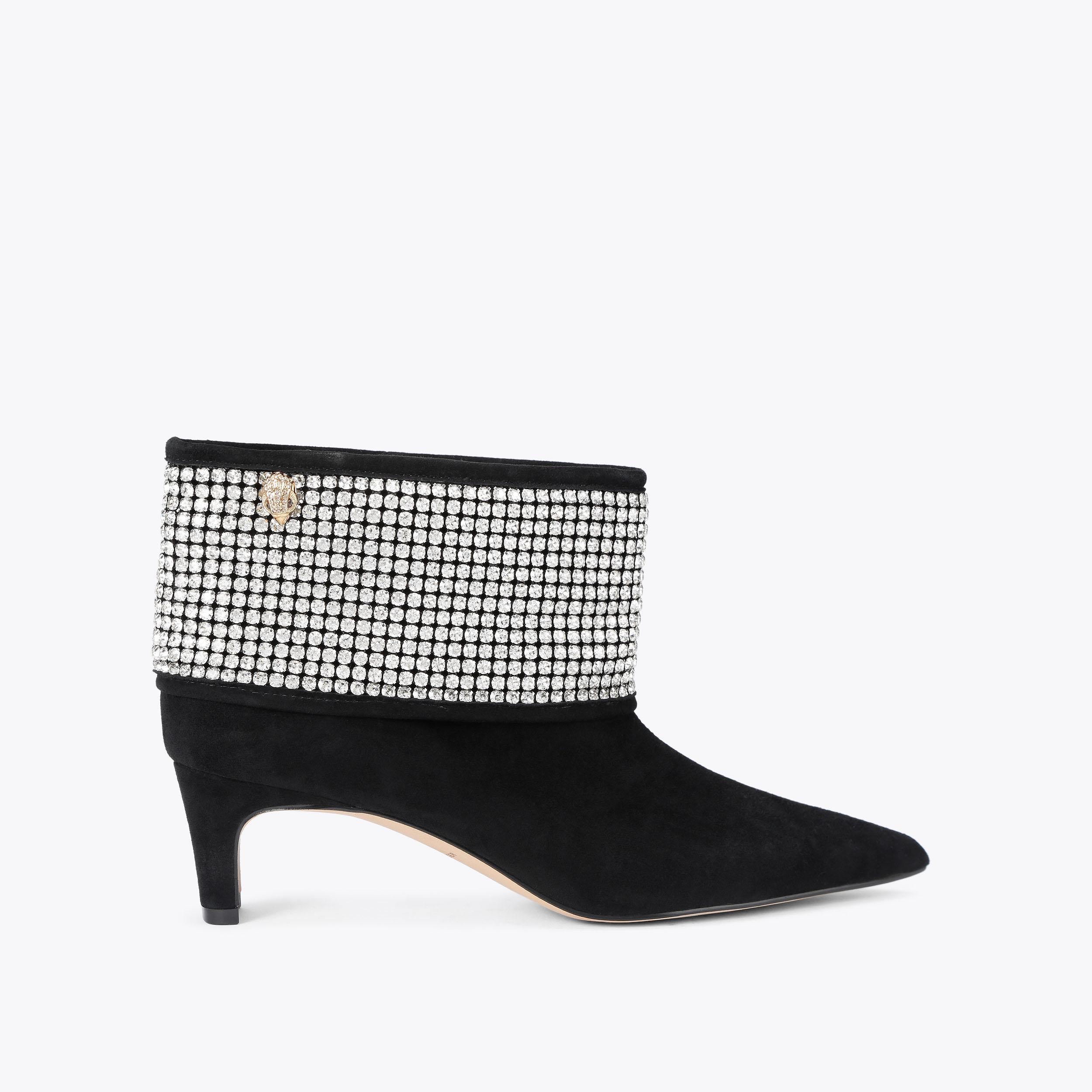 Fold Over Bootie — Black Crystal Suede Boot, side profile