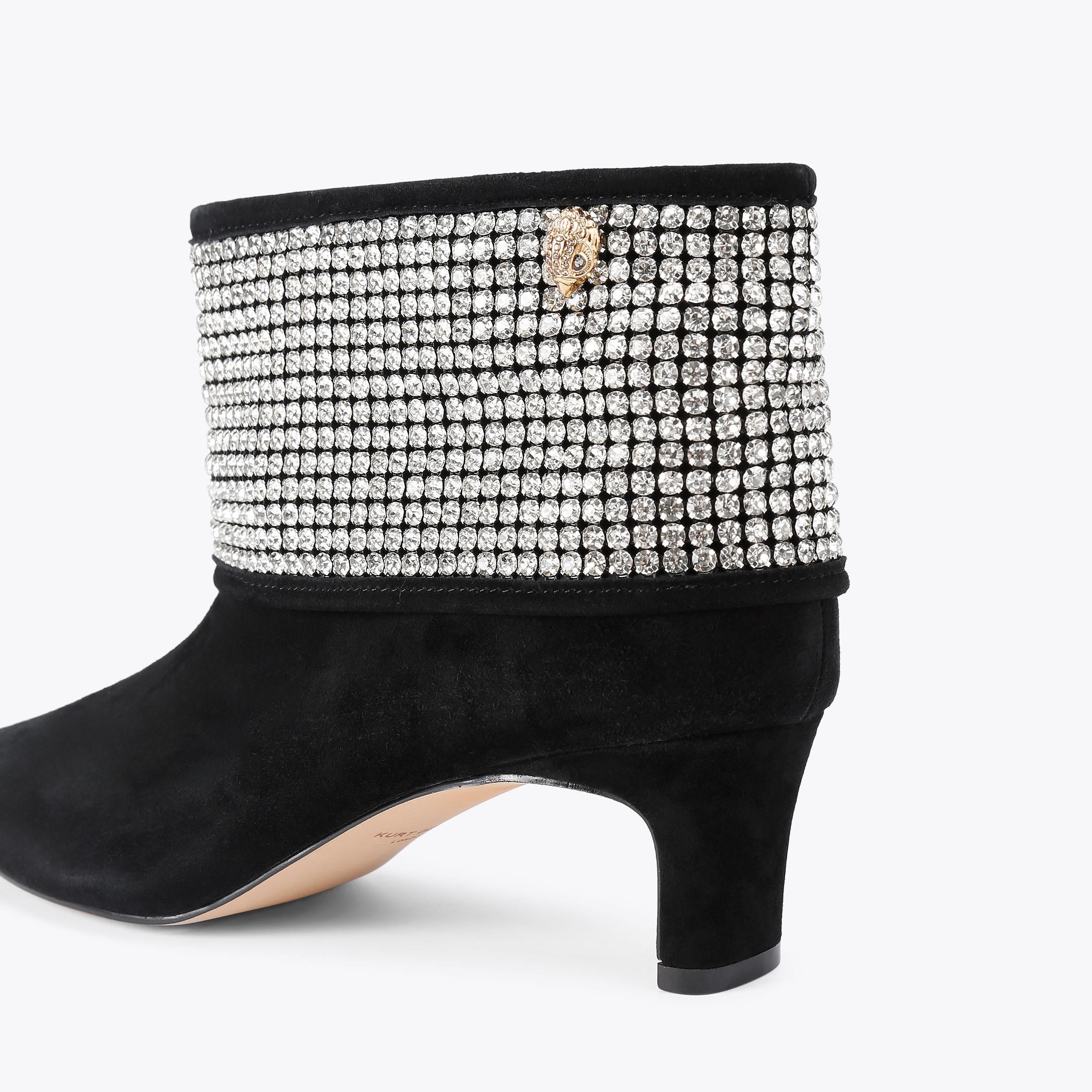 Fold Over Bootie — Black Crystal Suede Boot, detail