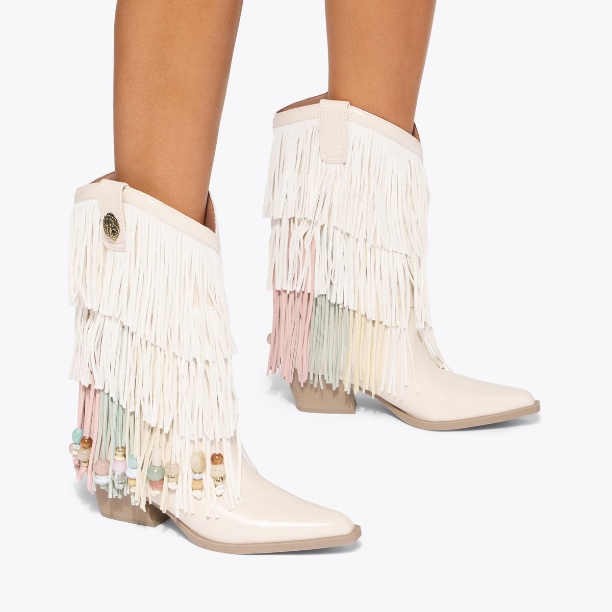 Fringe Cowboy Boot — Cream Leather Suede Boot, worn on foot