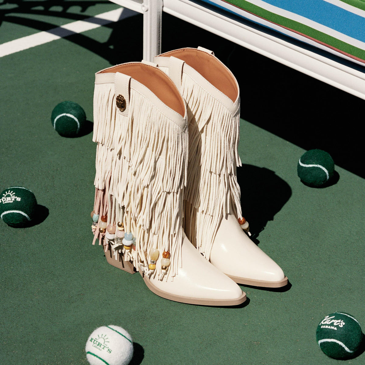 Fringe Cowboy Boot — Cream Leather Suede Boot, view 7