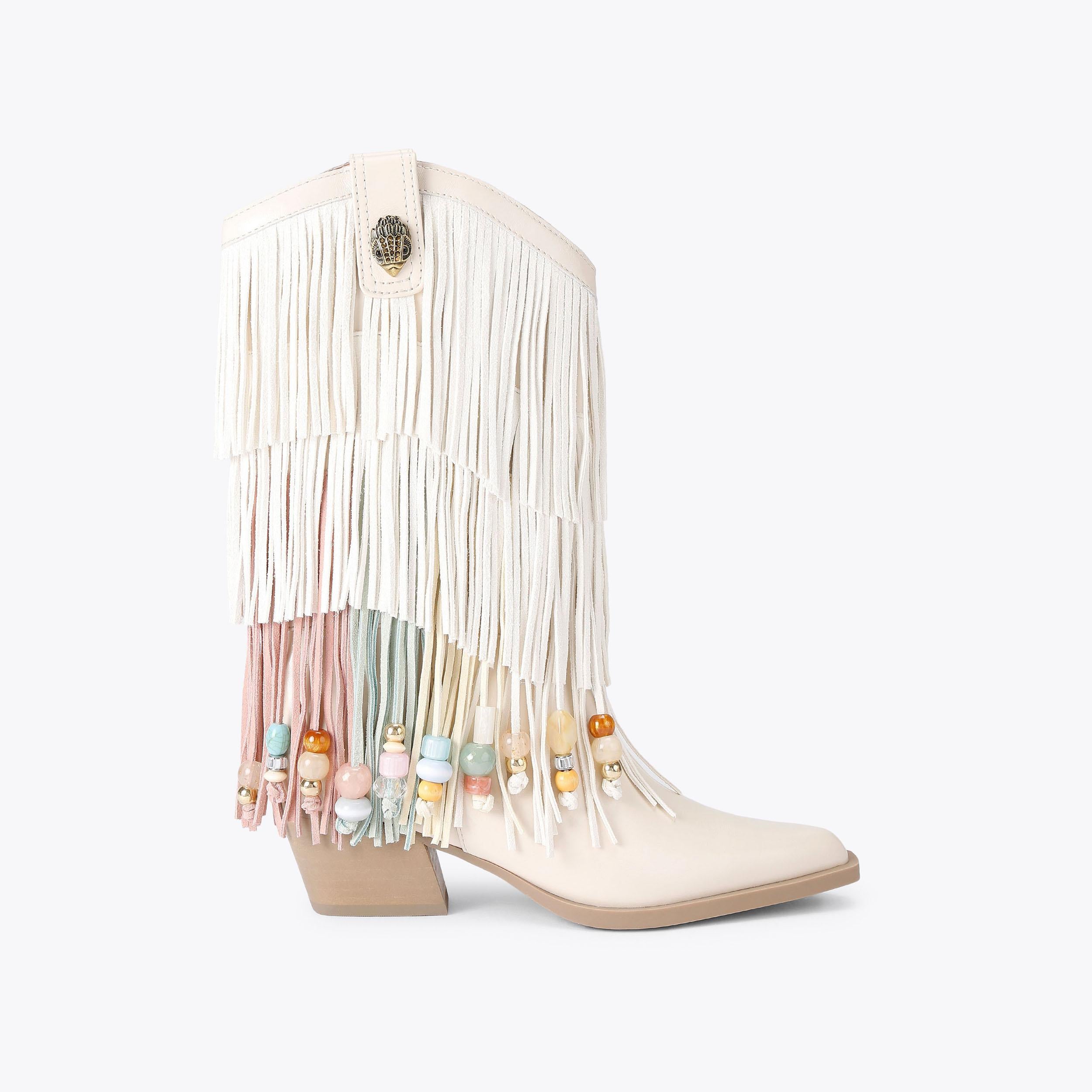 Fringe Cowboy Boot — Cream Leather Suede Boot, side profile