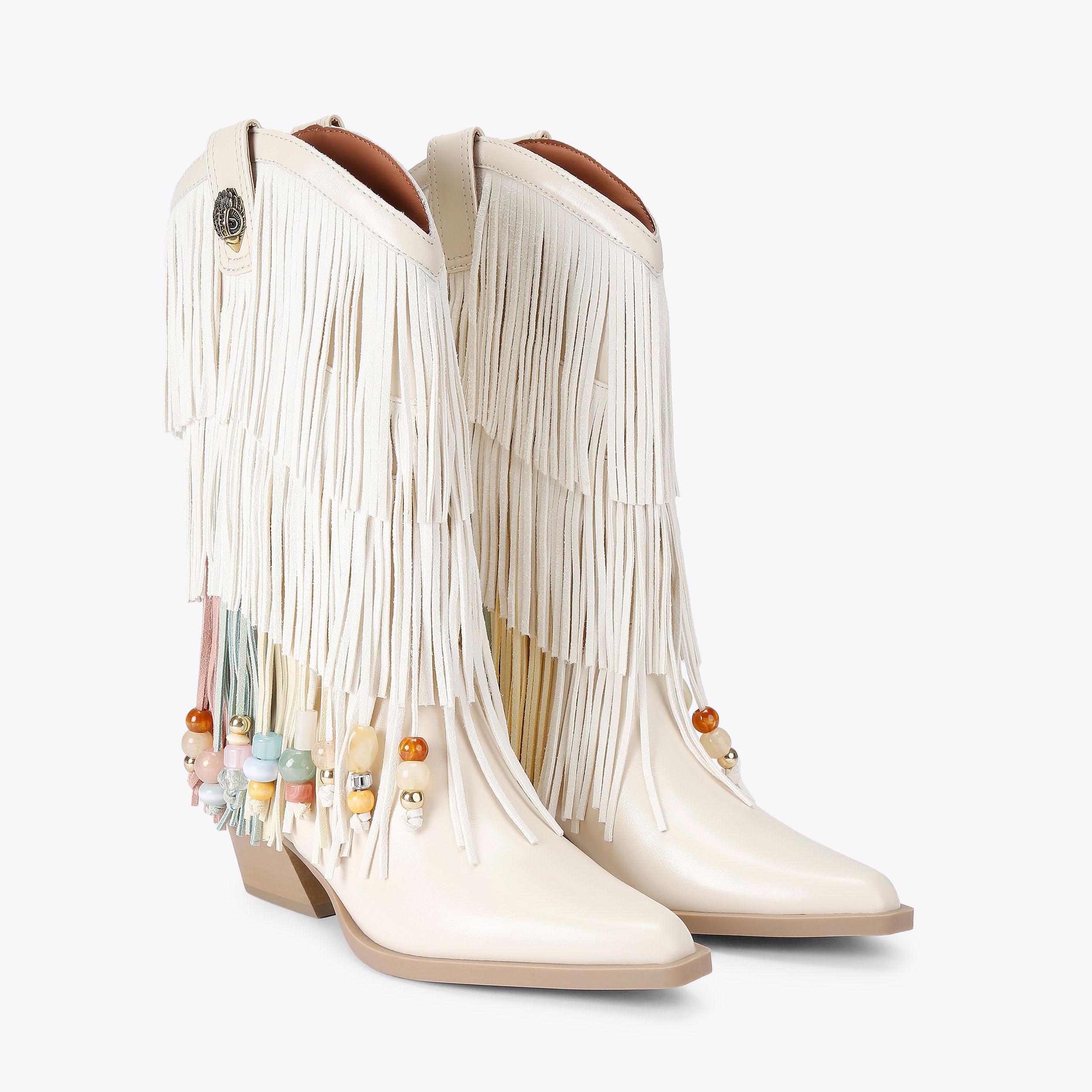 Fringe Cowboy Boot — Cream Leather Suede Boot, view 4