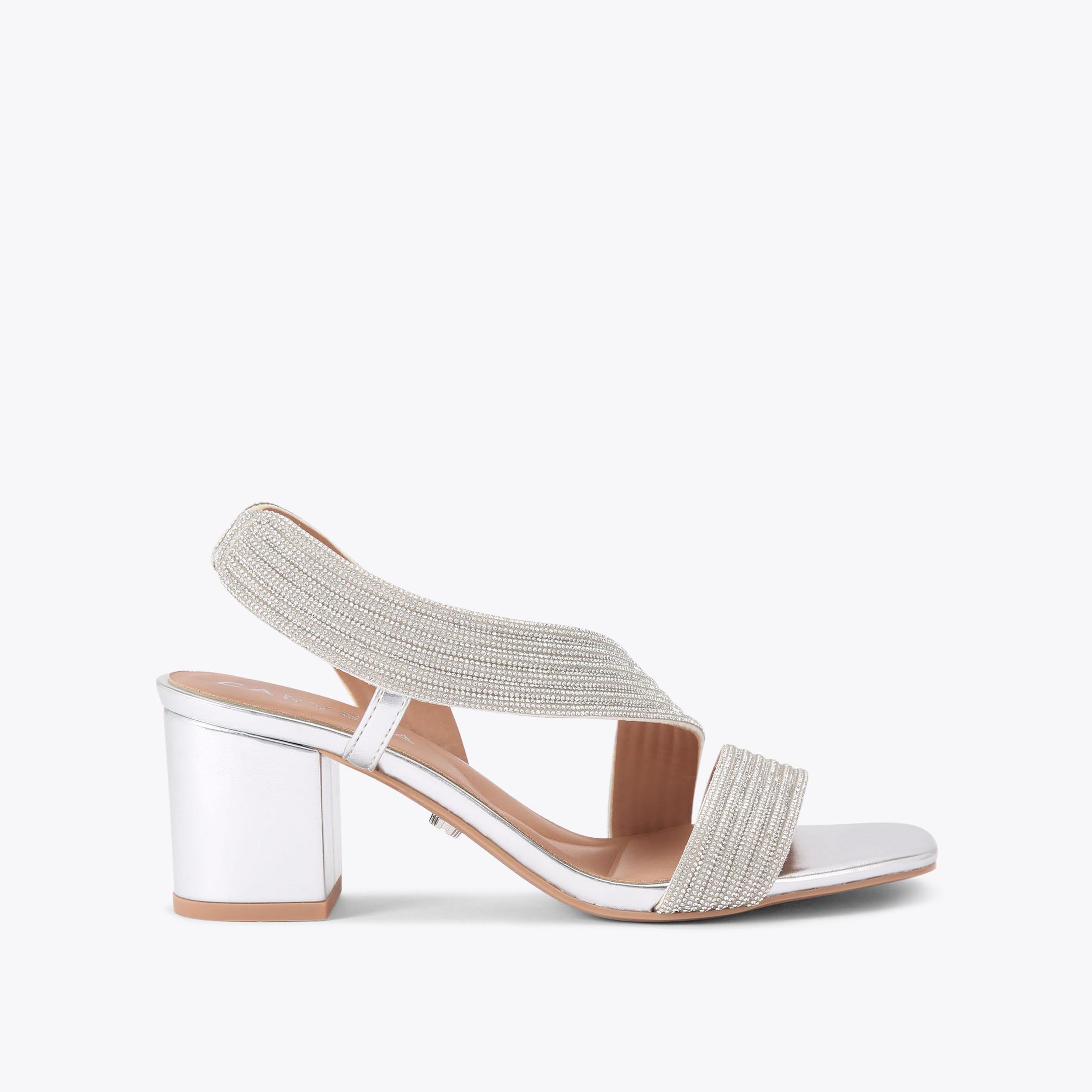 Gala 60 Jewel — Silver Crystal Block Heel Sandal, side profile