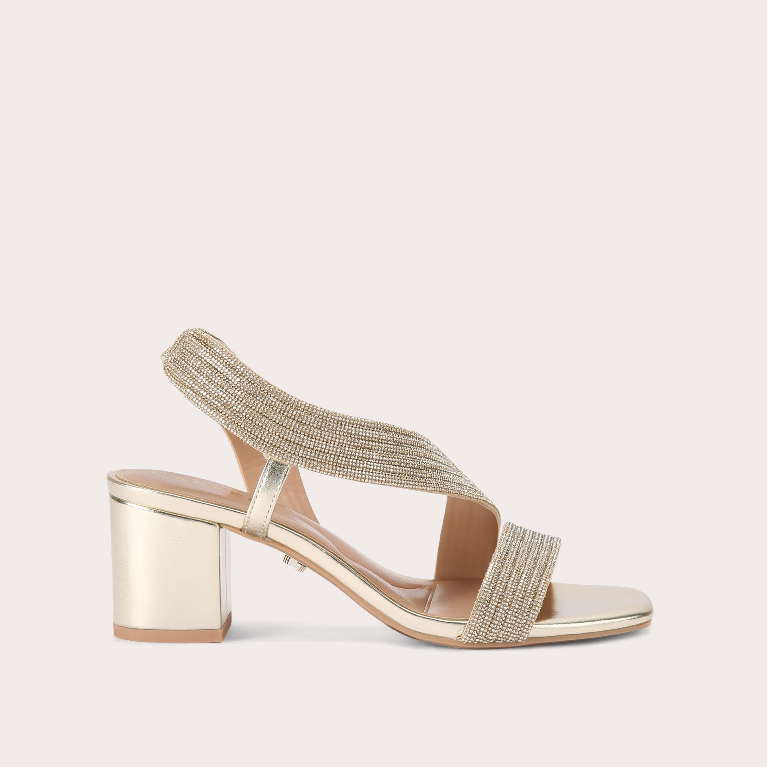 Gala Block Jewel — Gold Crystal Heeled Sandal, side profile