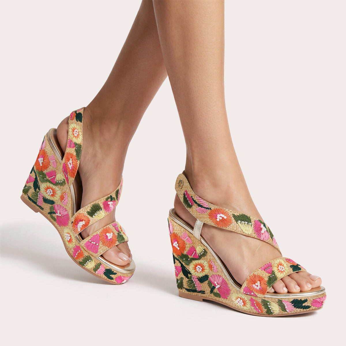 Gala Wedge — Multi Embroidered Raffia Wedge Sandal, worn on foot