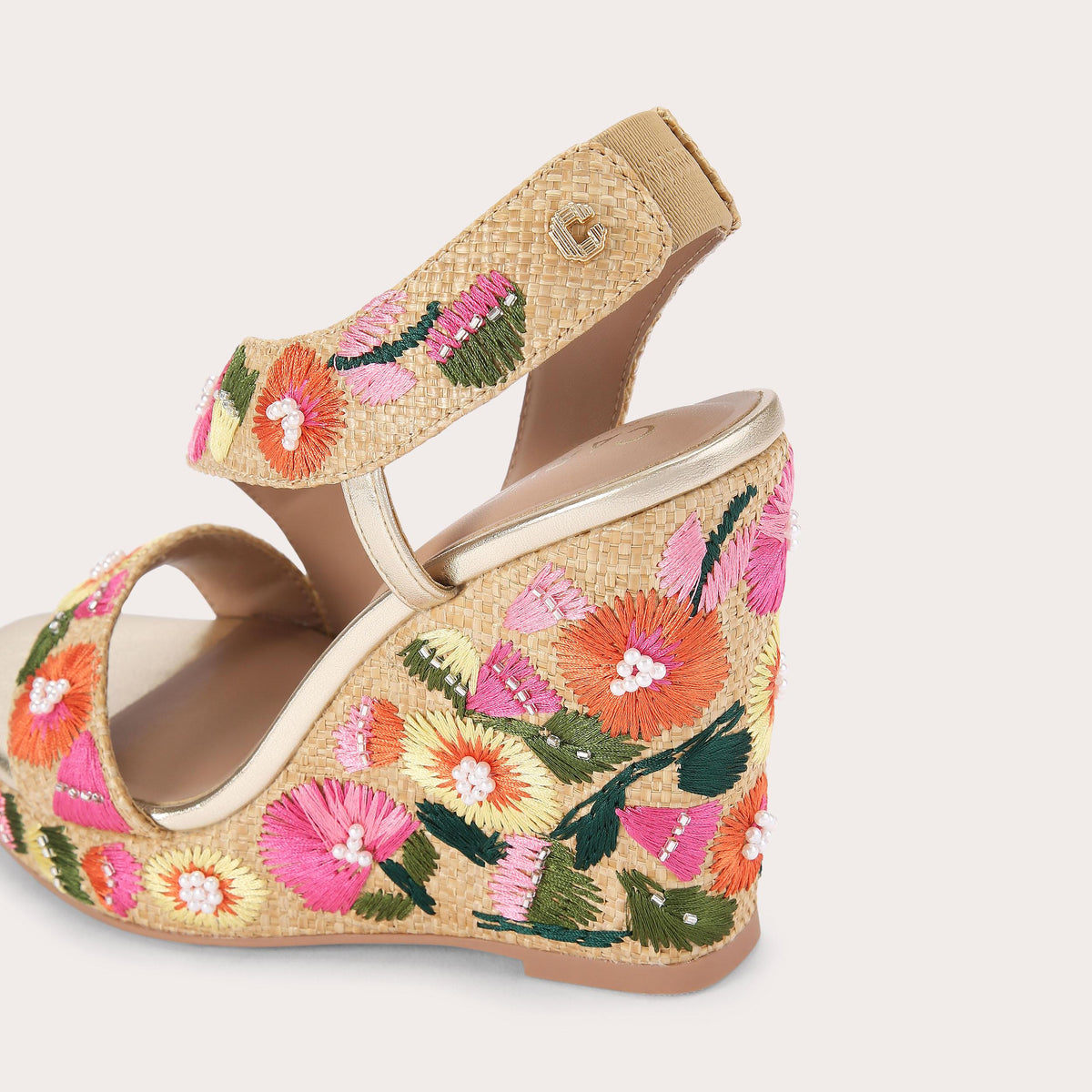 Gala Wedge — Multi Embroidered Raffia Wedge Sandal, detail