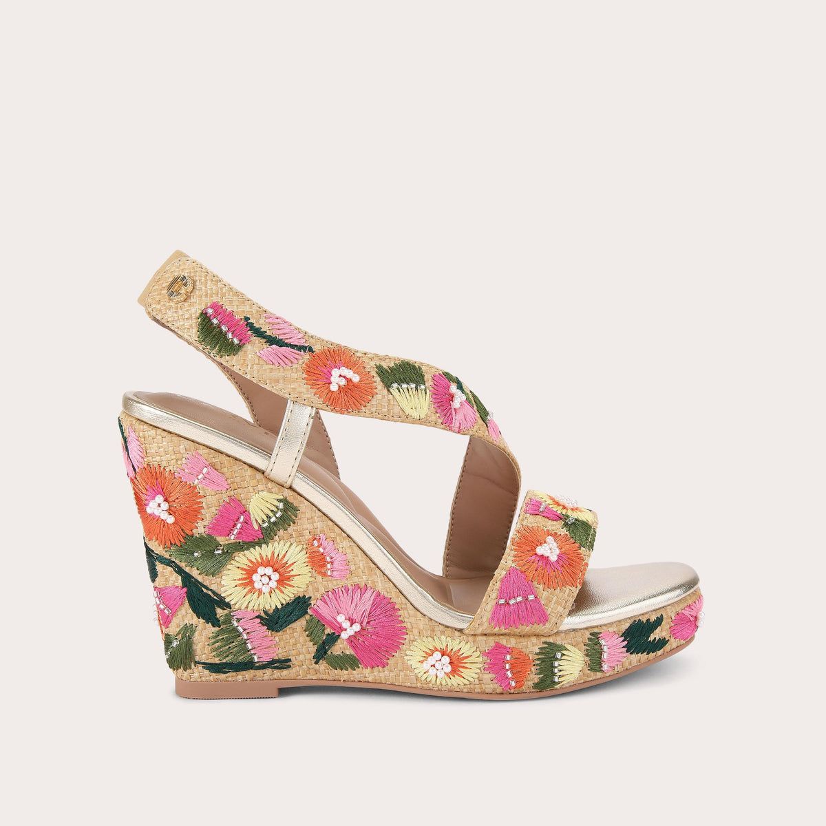 Gala Wedge — Multi Embroidered Raffia Wedge Sandal, side profile