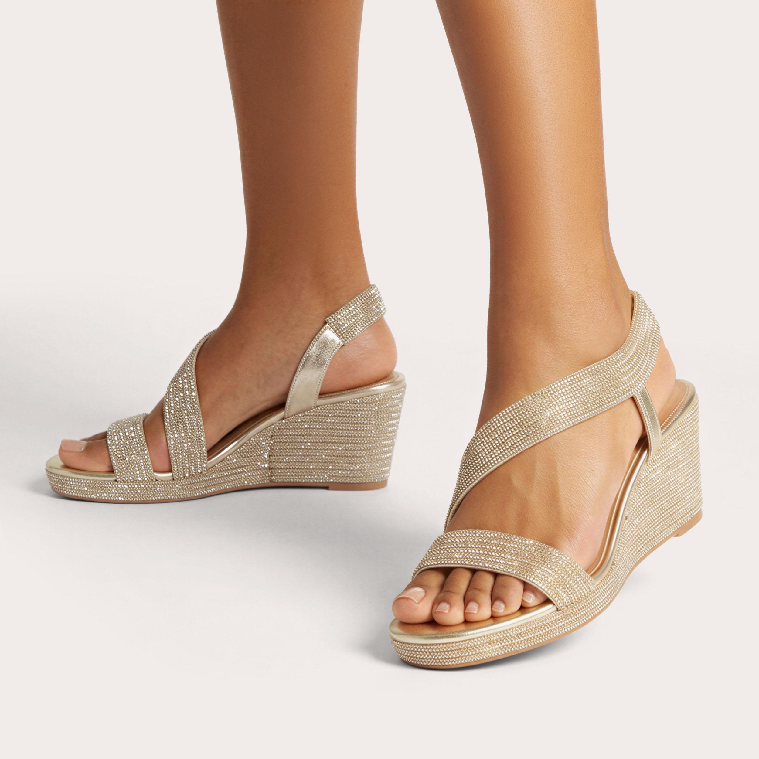 Gala Wedge Jewel — Gold Crystal Wedge Sandal, worn on foot