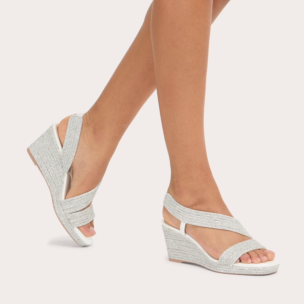 Gala Wedge — White Crystal Wedge Sandal, worn on foot
