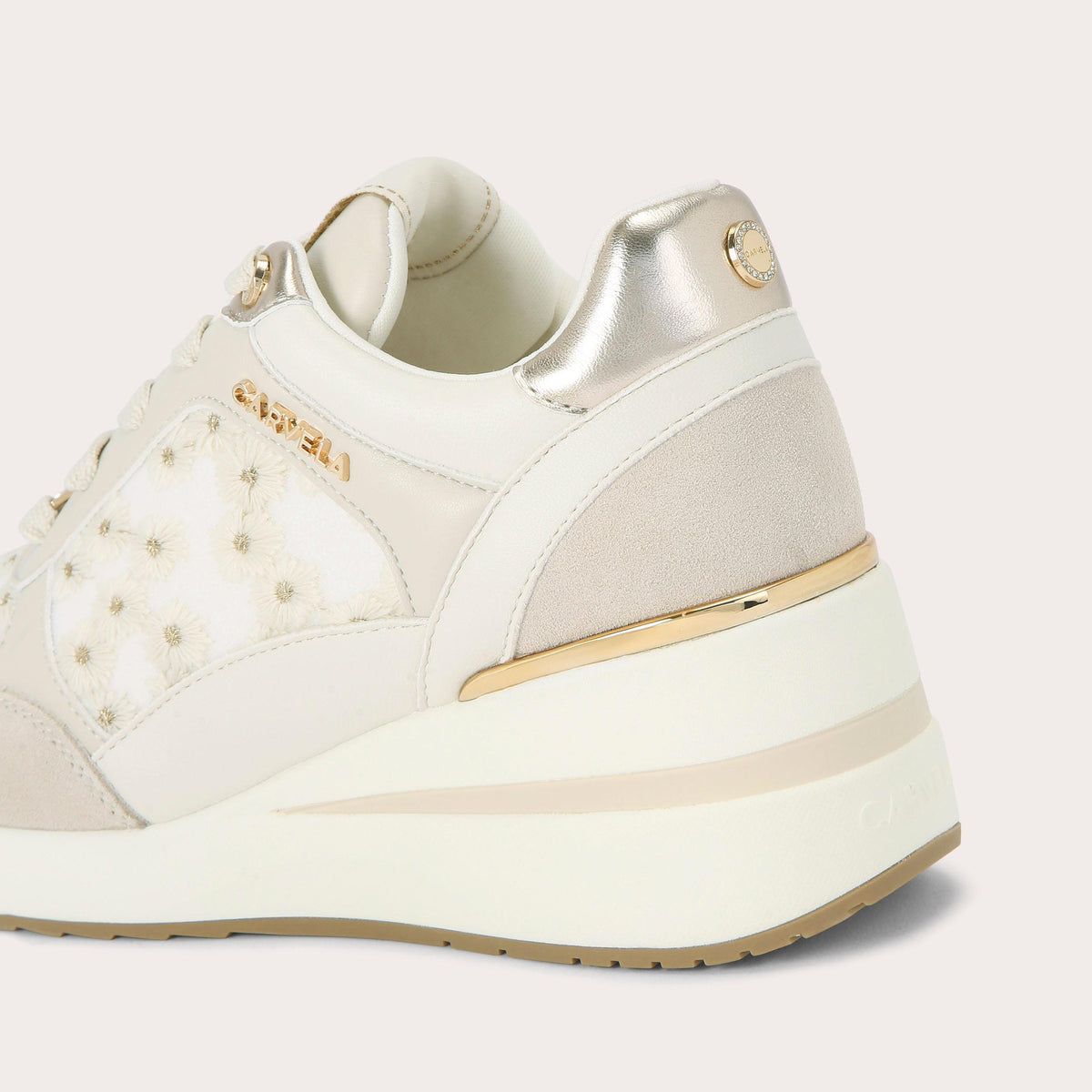 High Rise Daisy — White Fabric Trainer, detail