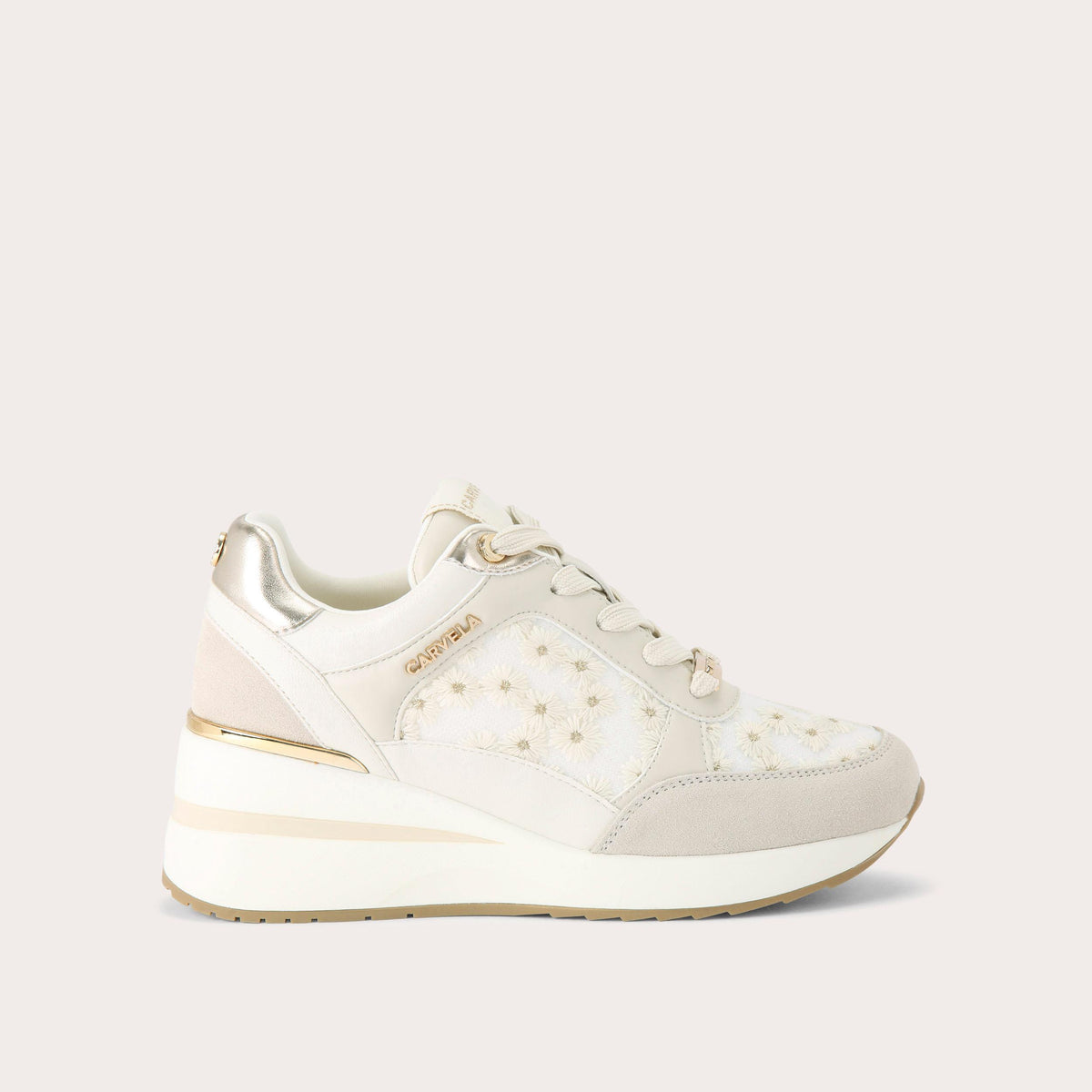 High Rise Daisy — White Fabric Trainer, side profile