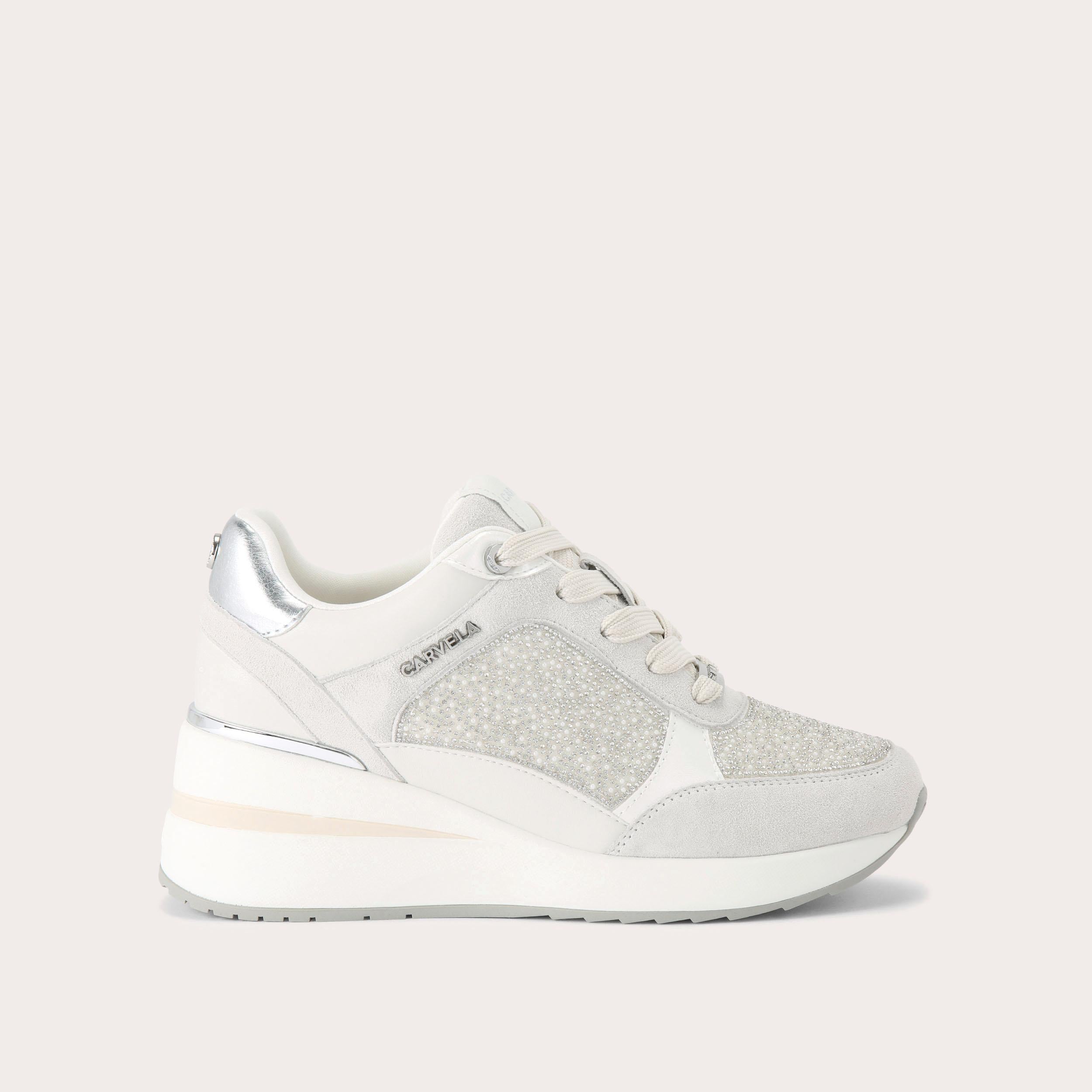Carvela High Rise Pearl — White Leather Alternative Trainer, view 2