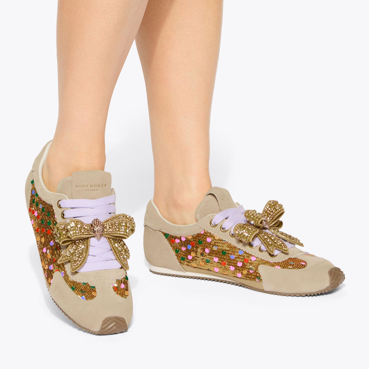Islington Bow Sneaker — Taupe Suede Sequin Sneaker, worn on foot