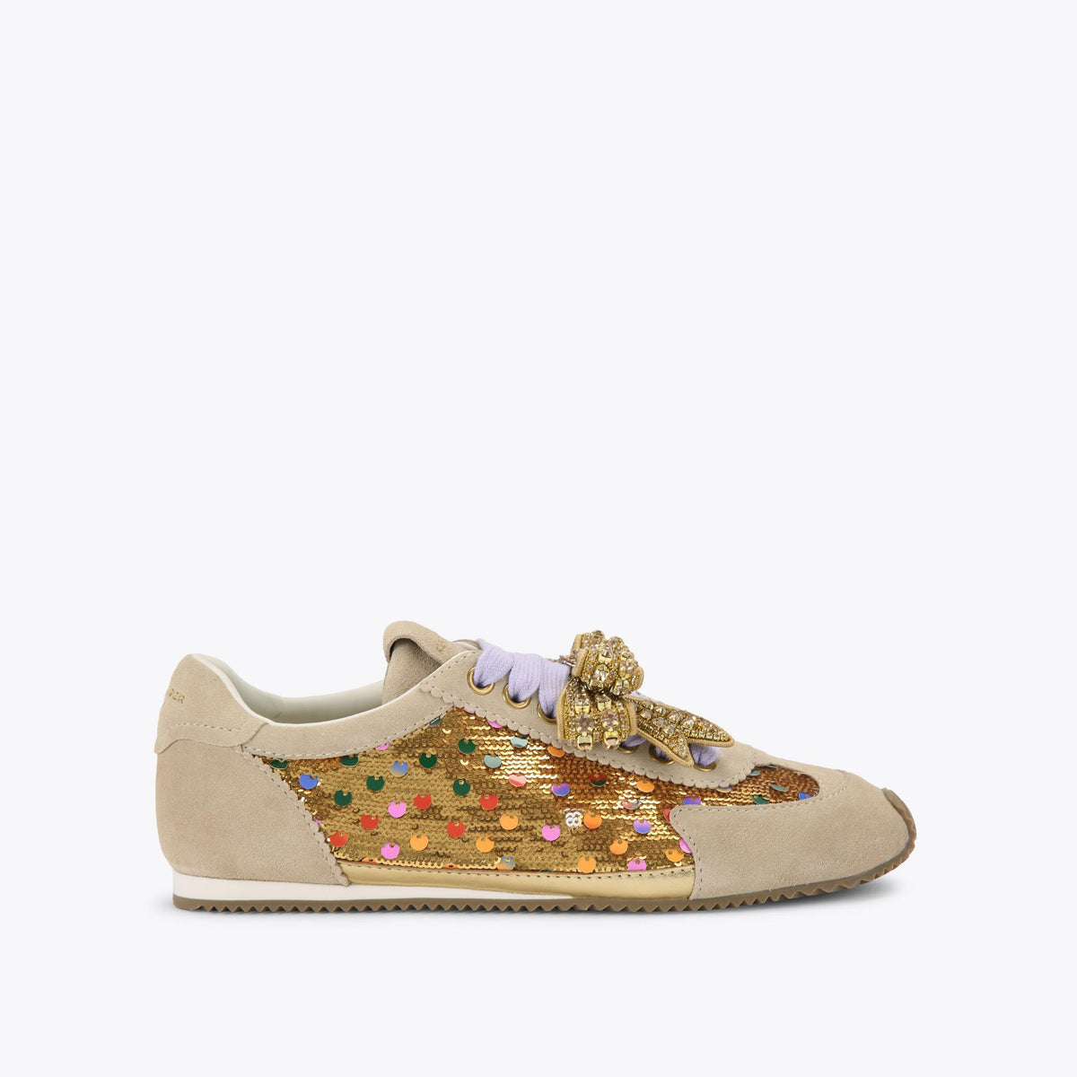 Islington Bow Sneaker — Taupe Suede Sequin Sneaker, side profile