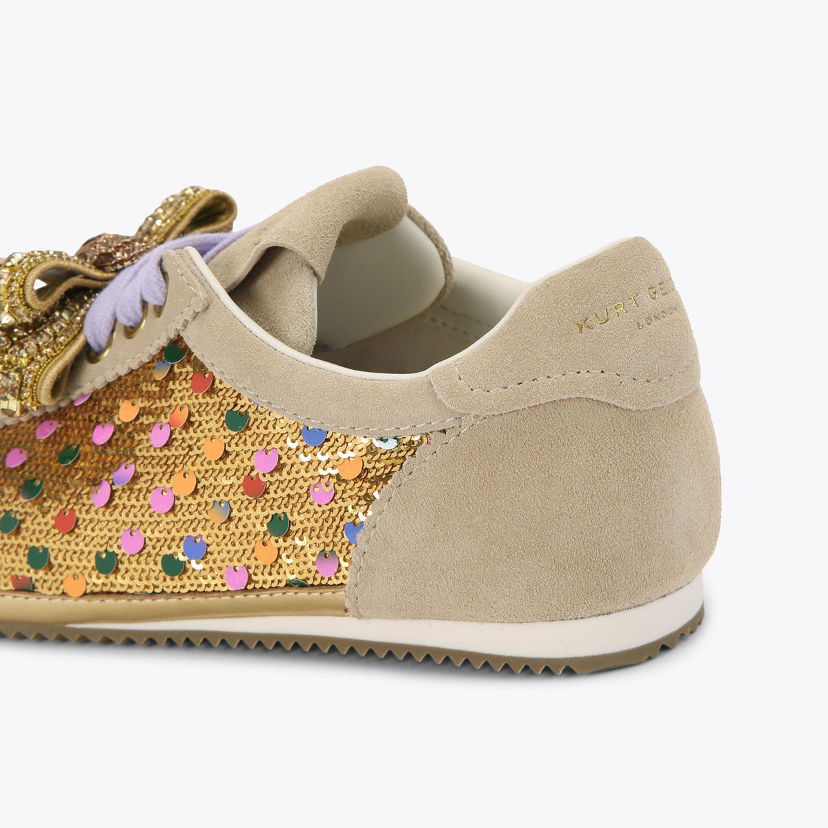 Islington Bow Sneaker — Taupe Suede Sequin Sneaker, detail