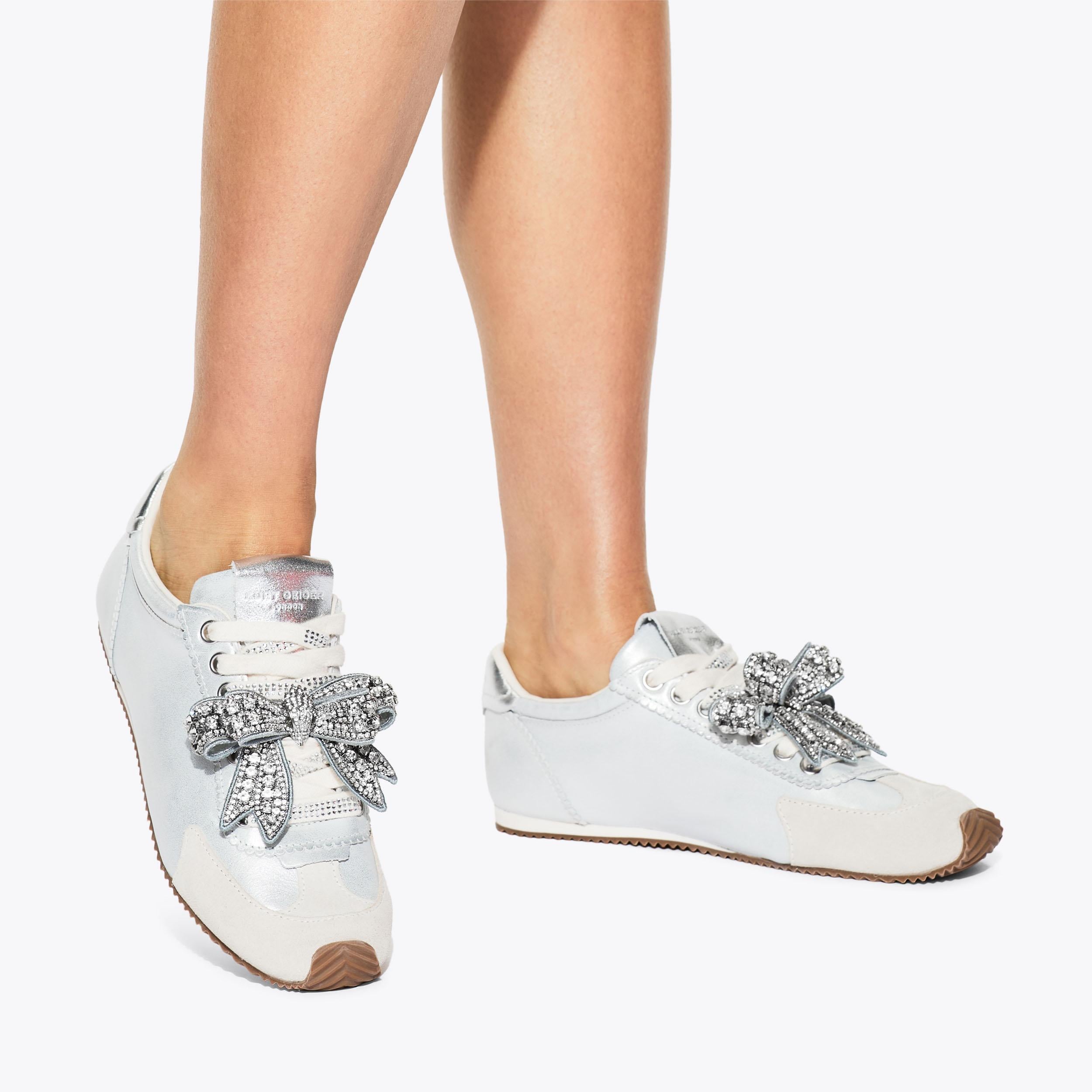 Islington Bow — Metallic Silver Leather Sneaker, worn on foot