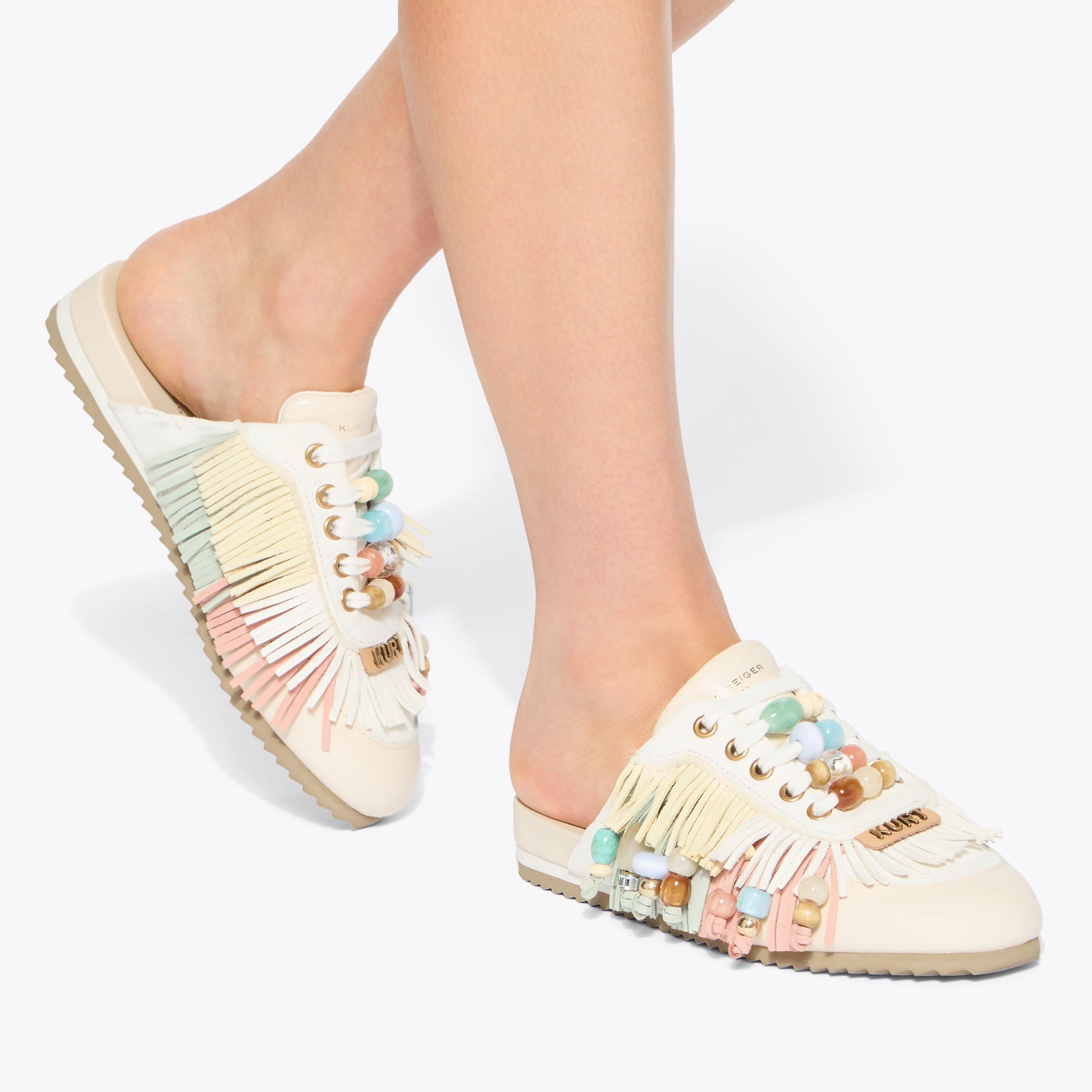 Islington P Fringe Mule — Cream Combination Sandal, worn on foot