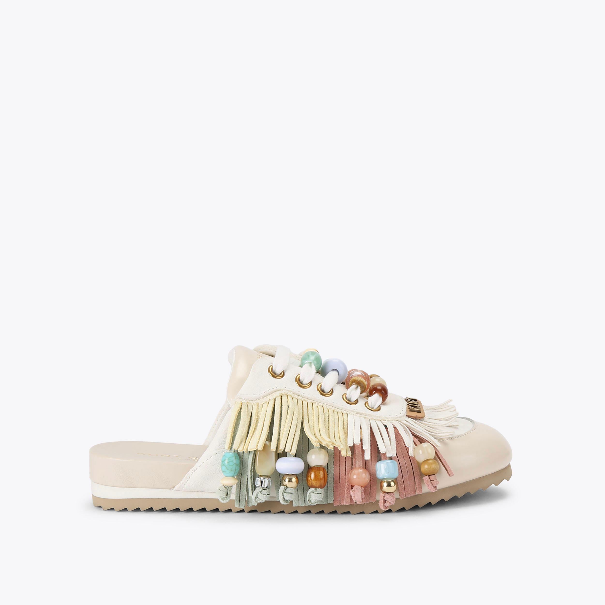 Islington P Fringe Mule — Cream Combination Sandal, side profile