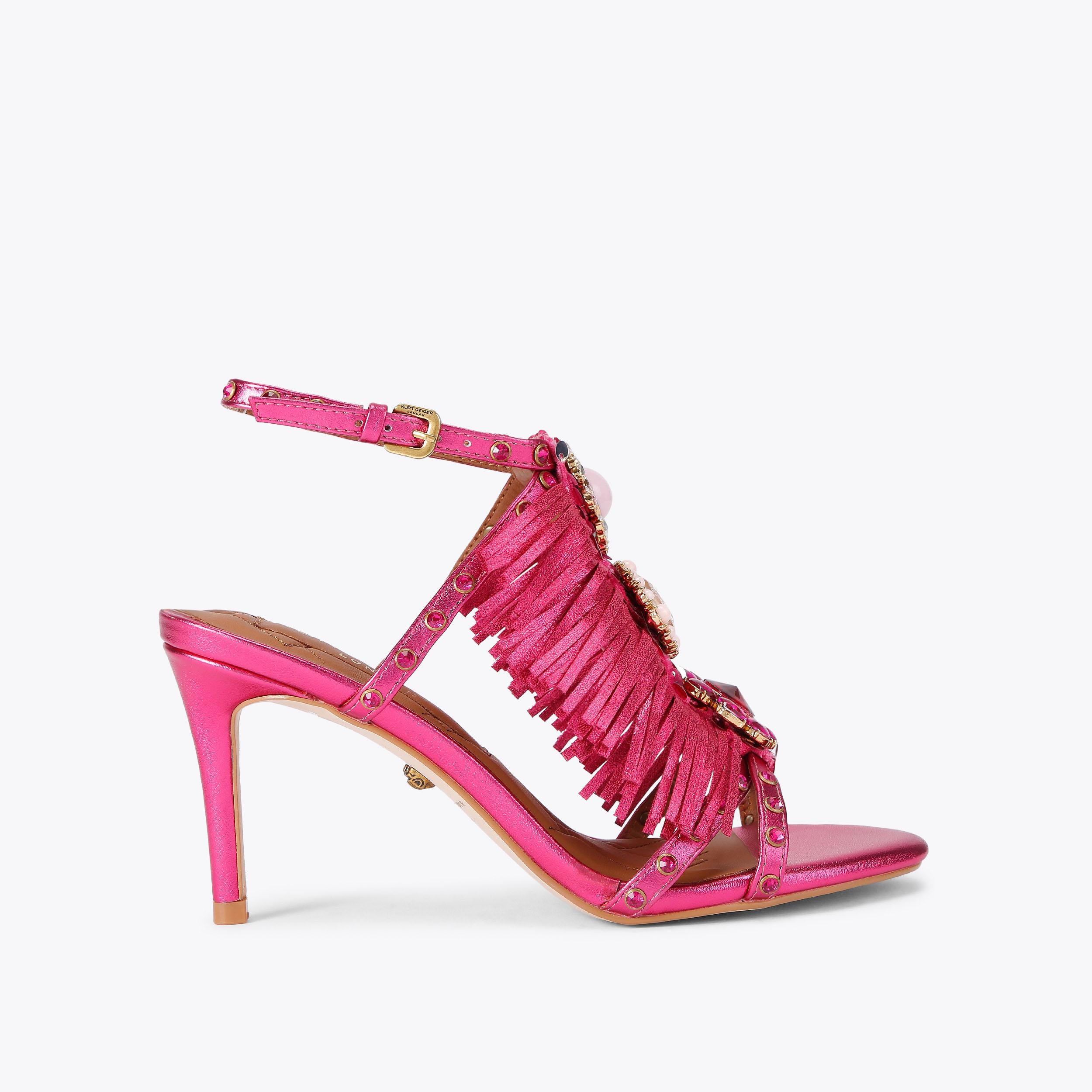 Jewel Fringe Heel — Fuchsia Crystal Sandal, side profile