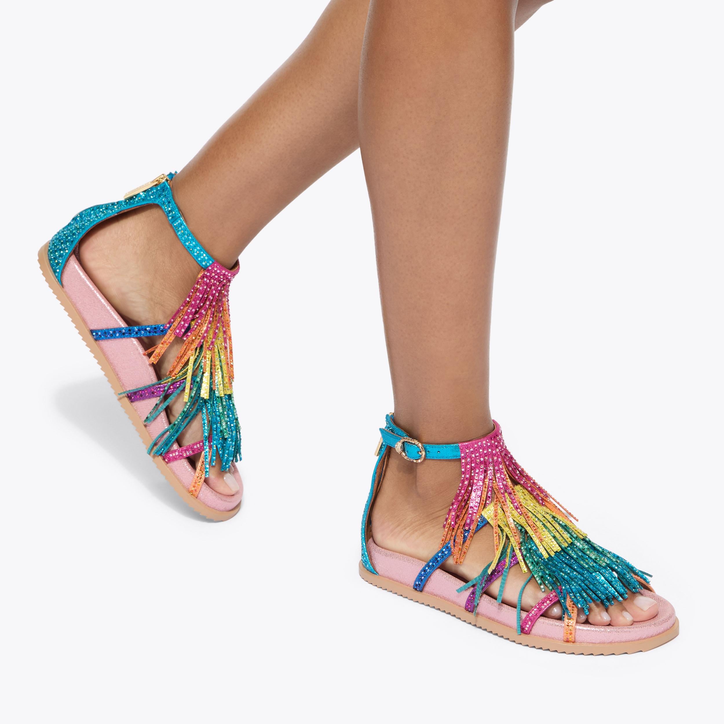Fringe — Multicolour Crystal Flat Sandal, worn on foot