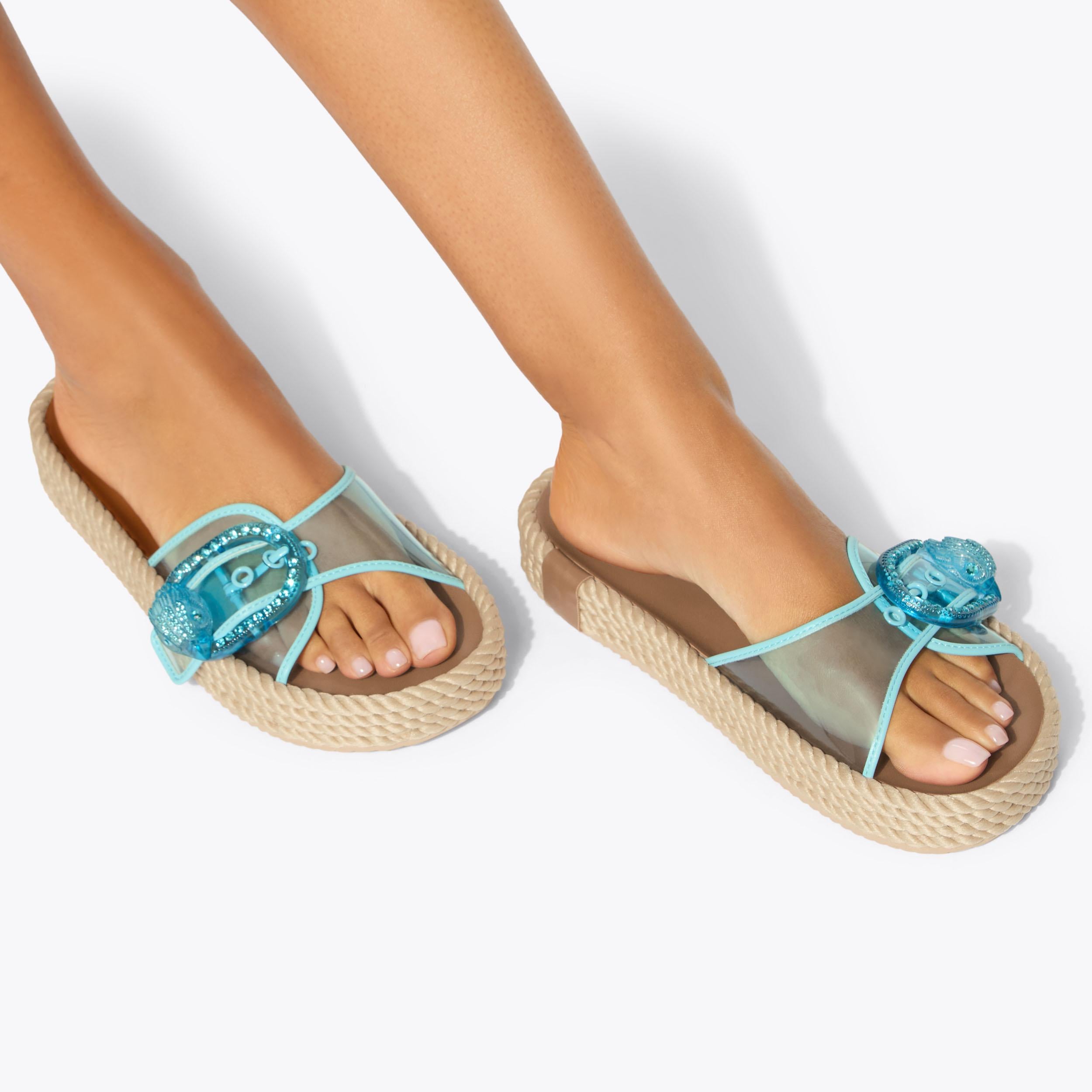 Mayfair Rope Slide — Transparent Blue Vinyl Sandal, worn on foot