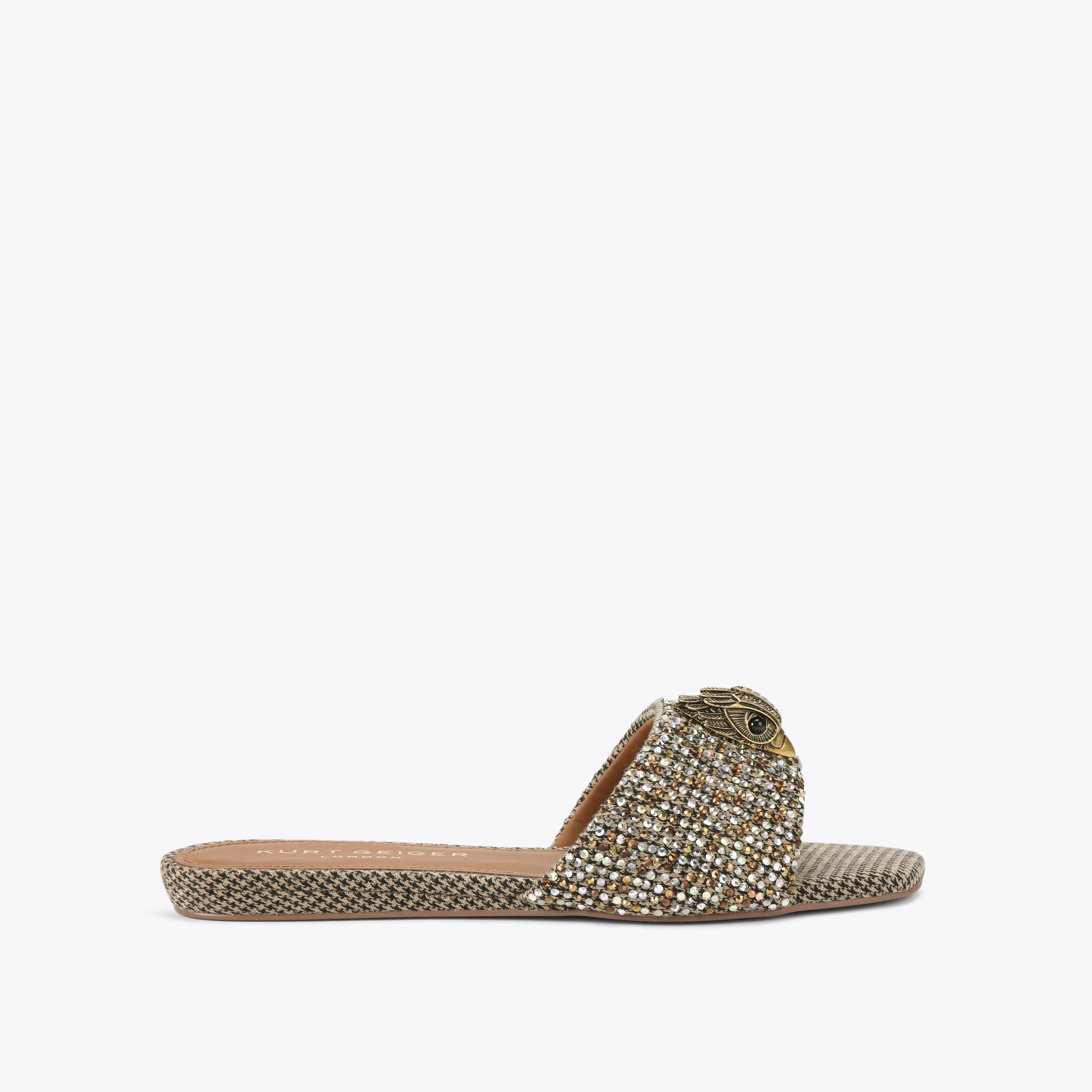 Kensington Flat Sandal — Beige Combination Crystal Slide, side profile