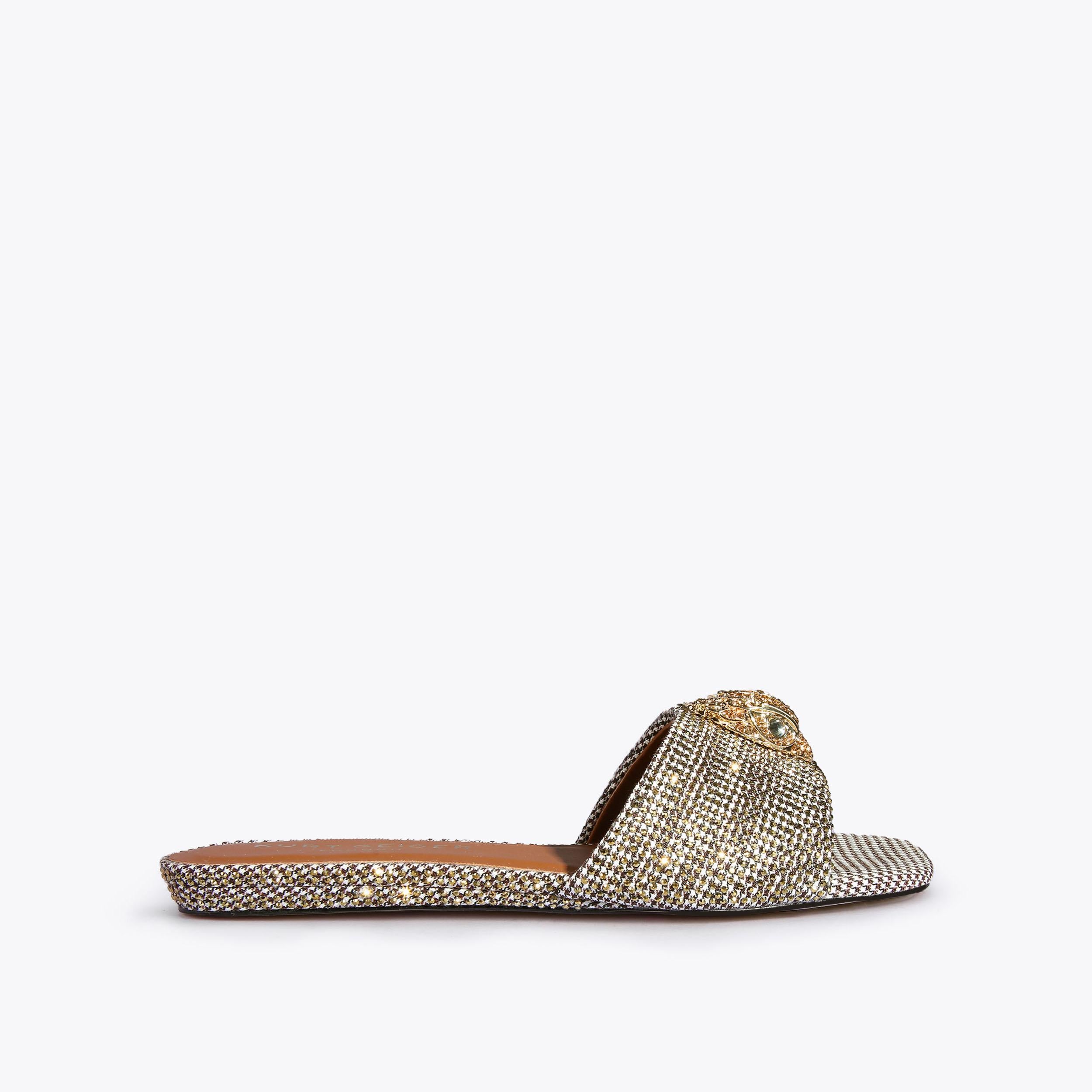 Kensington Flat Sandal — Beige Houndstooth Crystal Slide, side profile