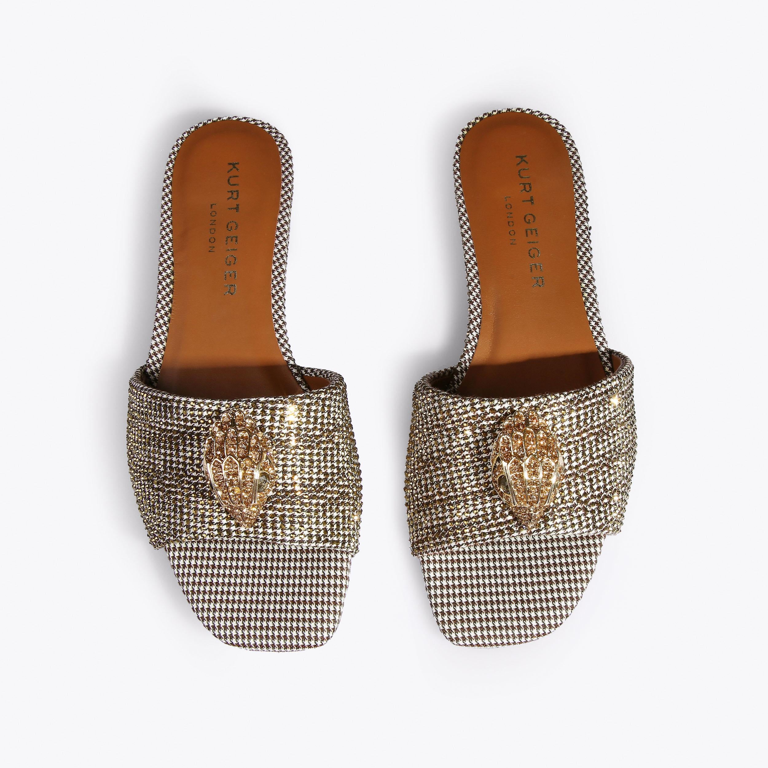 Kensington Flat Sandal — Beige Houndstooth Crystal Slide, view 1
