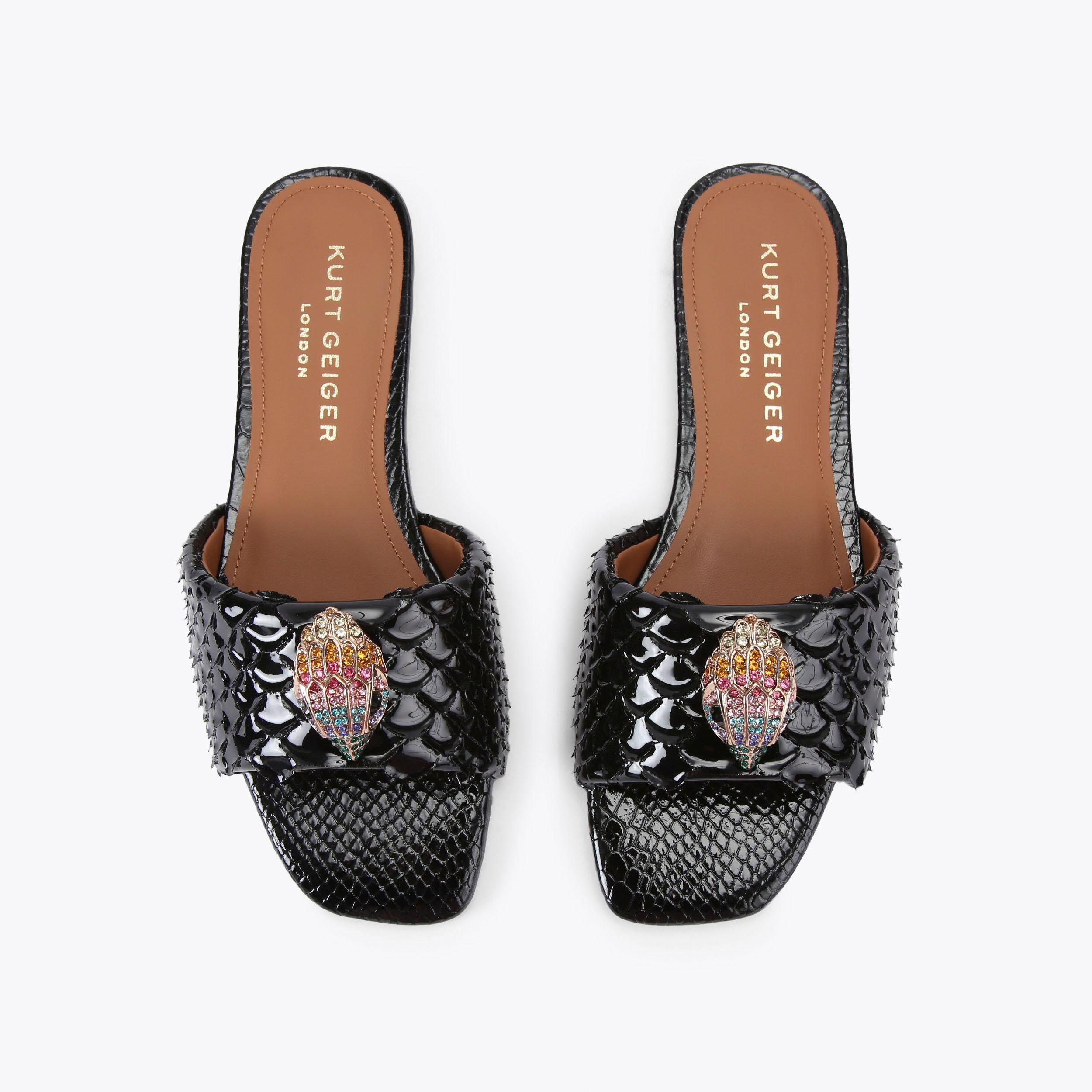 Kensington Flat Sandal — Black Lizard-Embossed Leather Slide, view 4