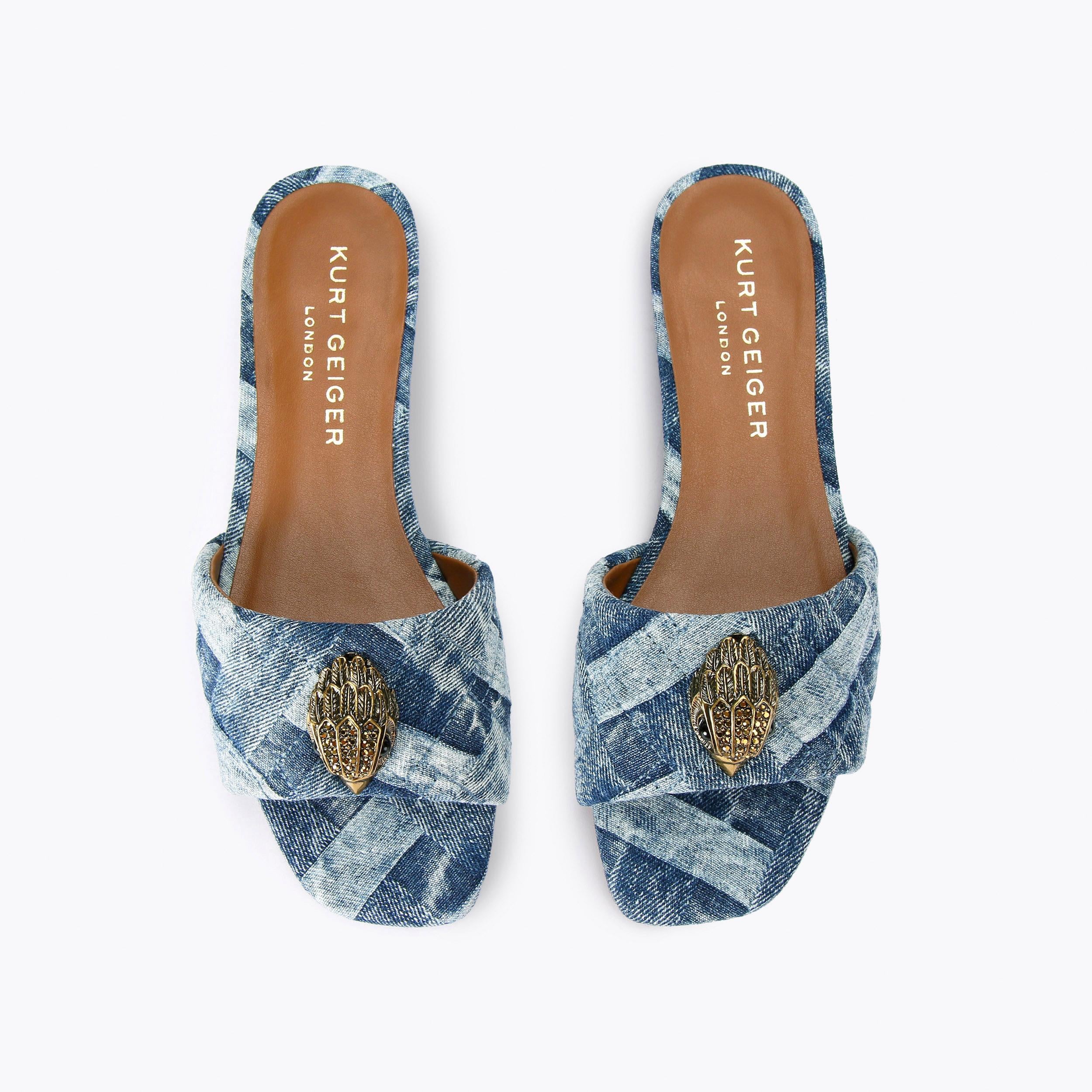 Kurt Geiger London Kensington Flat Sandal — Denim Eagle Head Slide, view 3