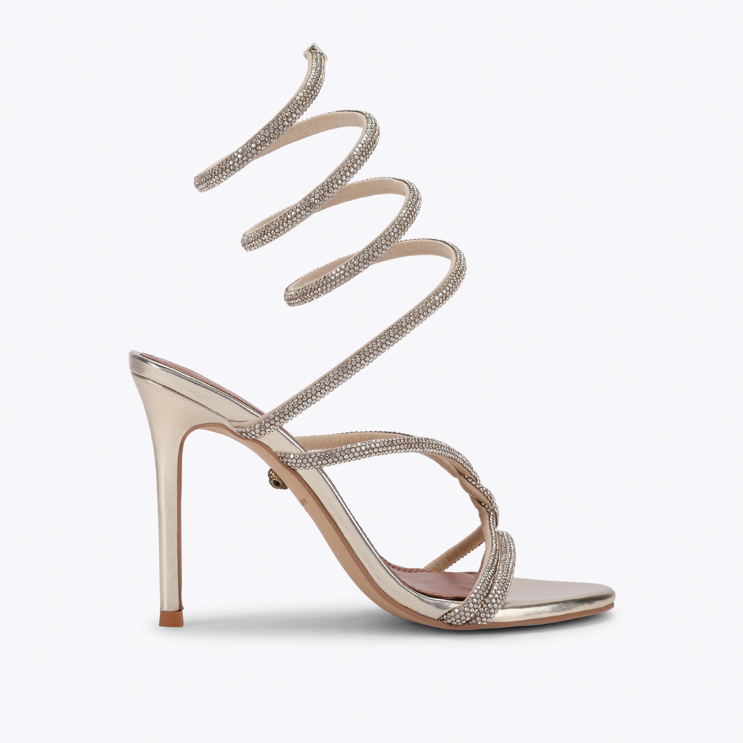 Knot Spiral Sandal — Gold Crystal Heeled Sandal, side profile